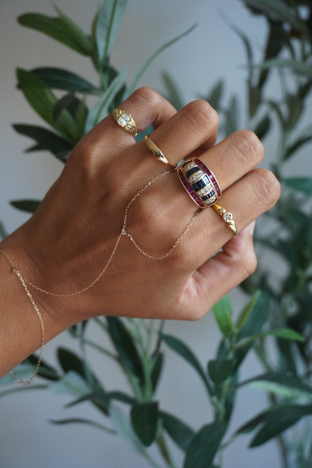 14K Yellow Gold Ruby Sapphire Diamond Ring Sz 7 (7 g)