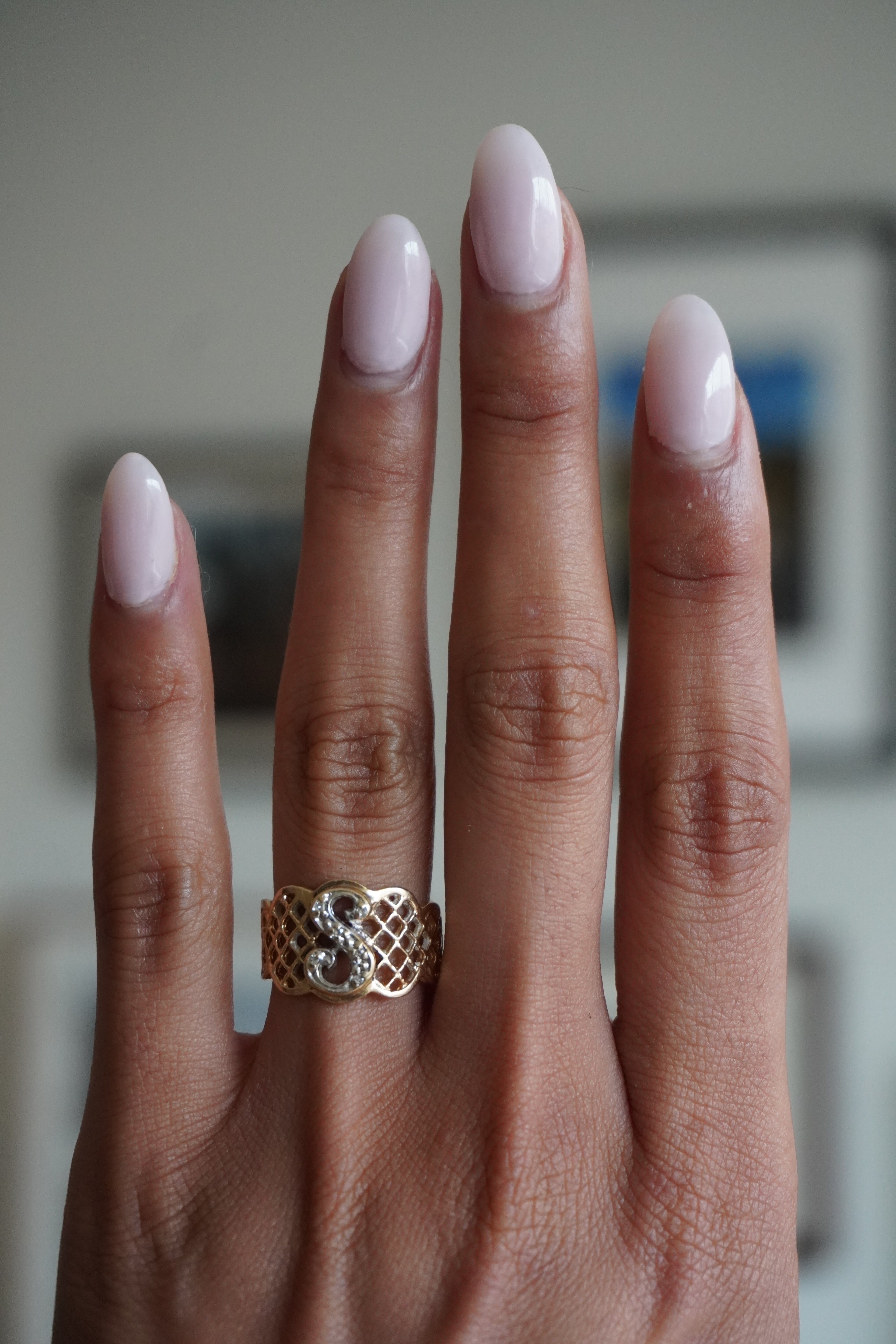 14K Two Tone Diamond "S" Initial Ring Sz 6.5