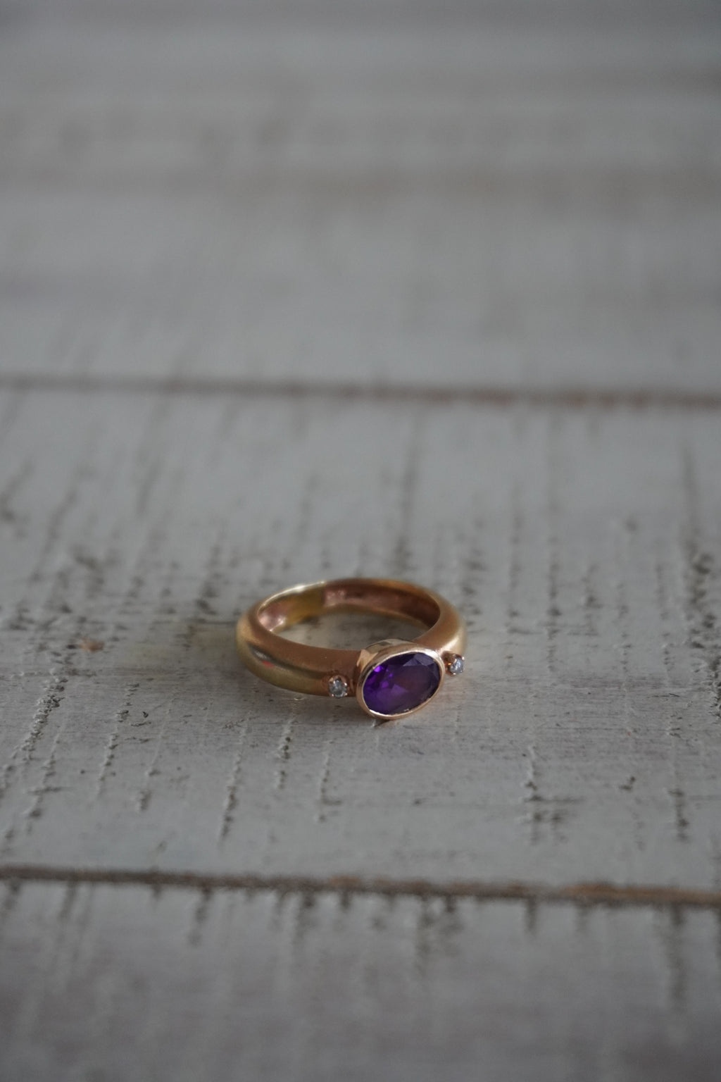 14K Yellow Gold Diamond Amethyst (~1.00 ctw) Dome Ring with Matte Finish Sz 6.25 (4.8 grams)