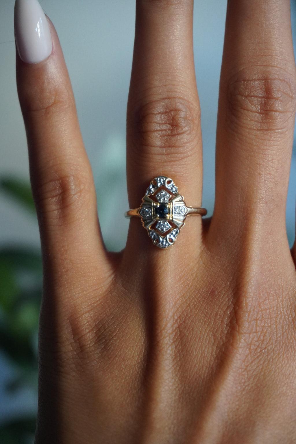 14K Antique Yellow Gold Diamond Sapphire Ring Sz 5.5 (2.8 g)