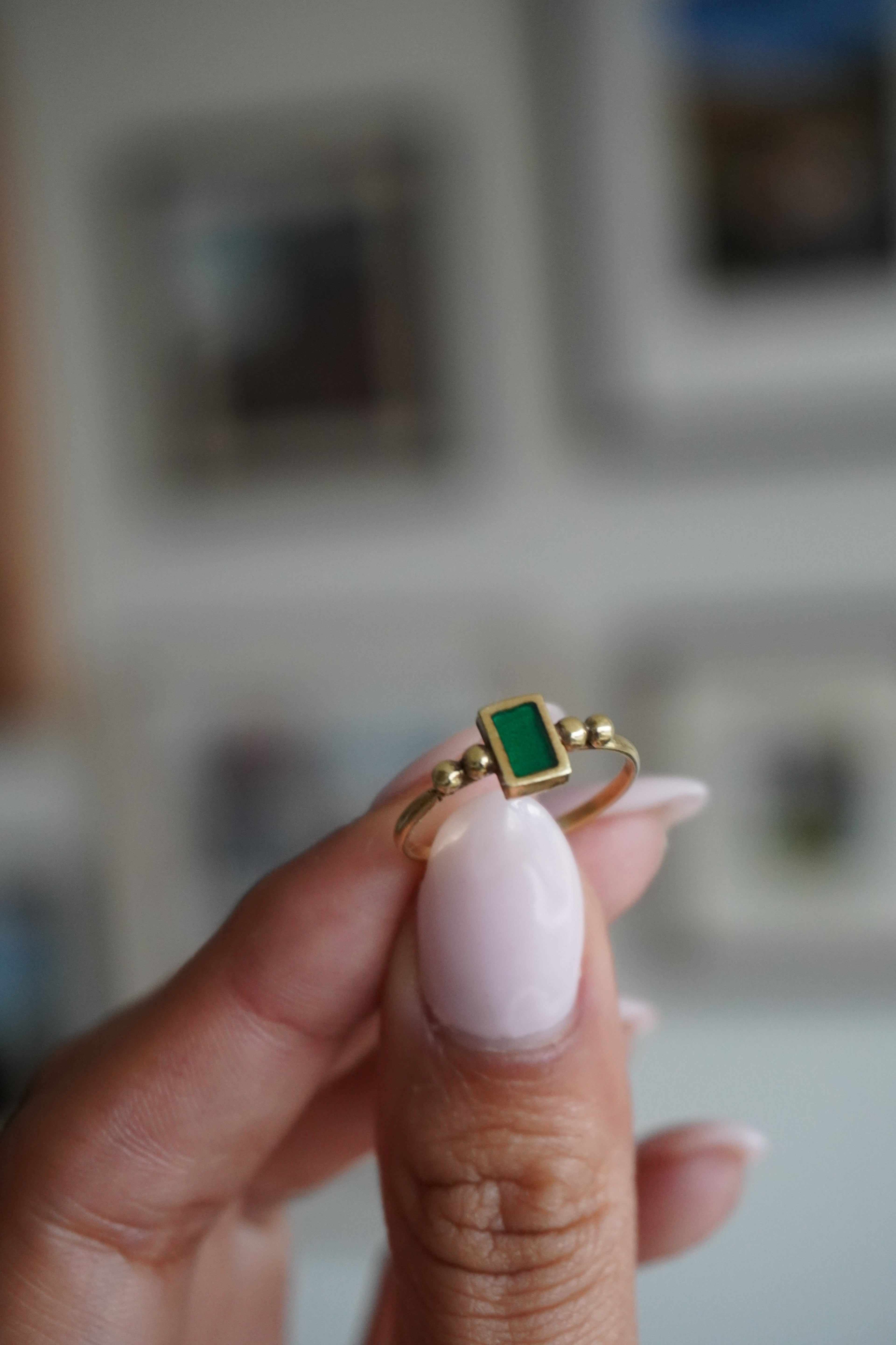 14K Yellow Gold Green Enamel Ring Sz 6