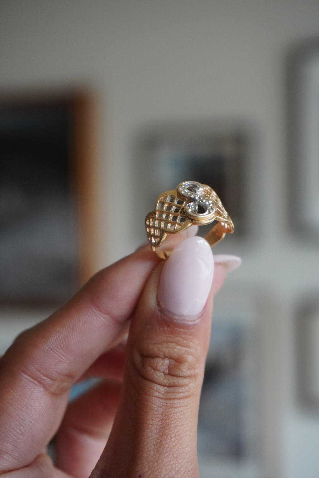 14K Two Tone Diamond "S" Initial Ring Sz 6.5