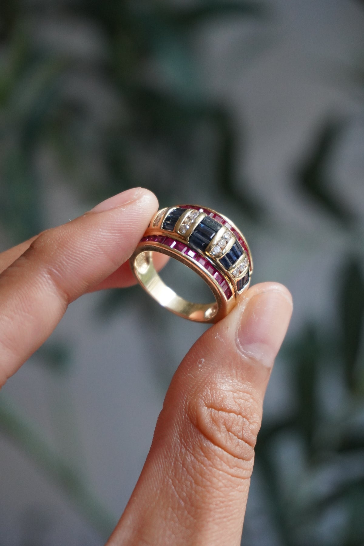 14K Yellow Gold Ruby Sapphire Diamond Ring Sz 7 (7 g)