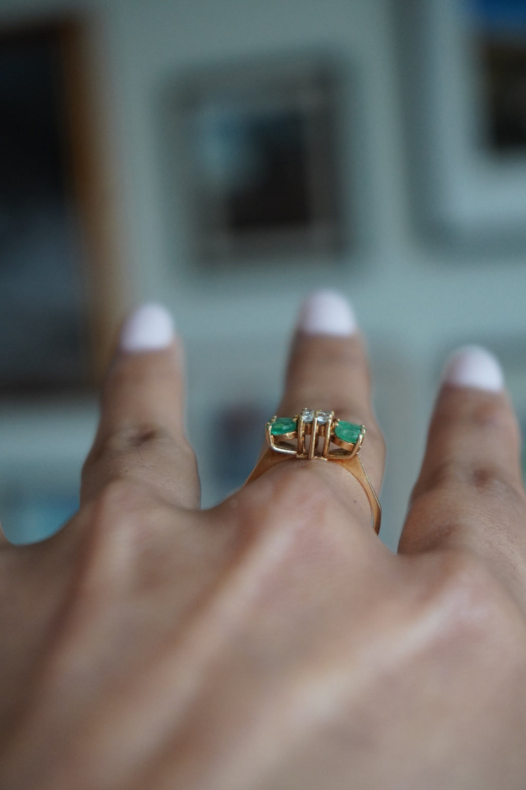 10K Yellow Gold Emerald Diamond Bow Tie Ring Sz 6