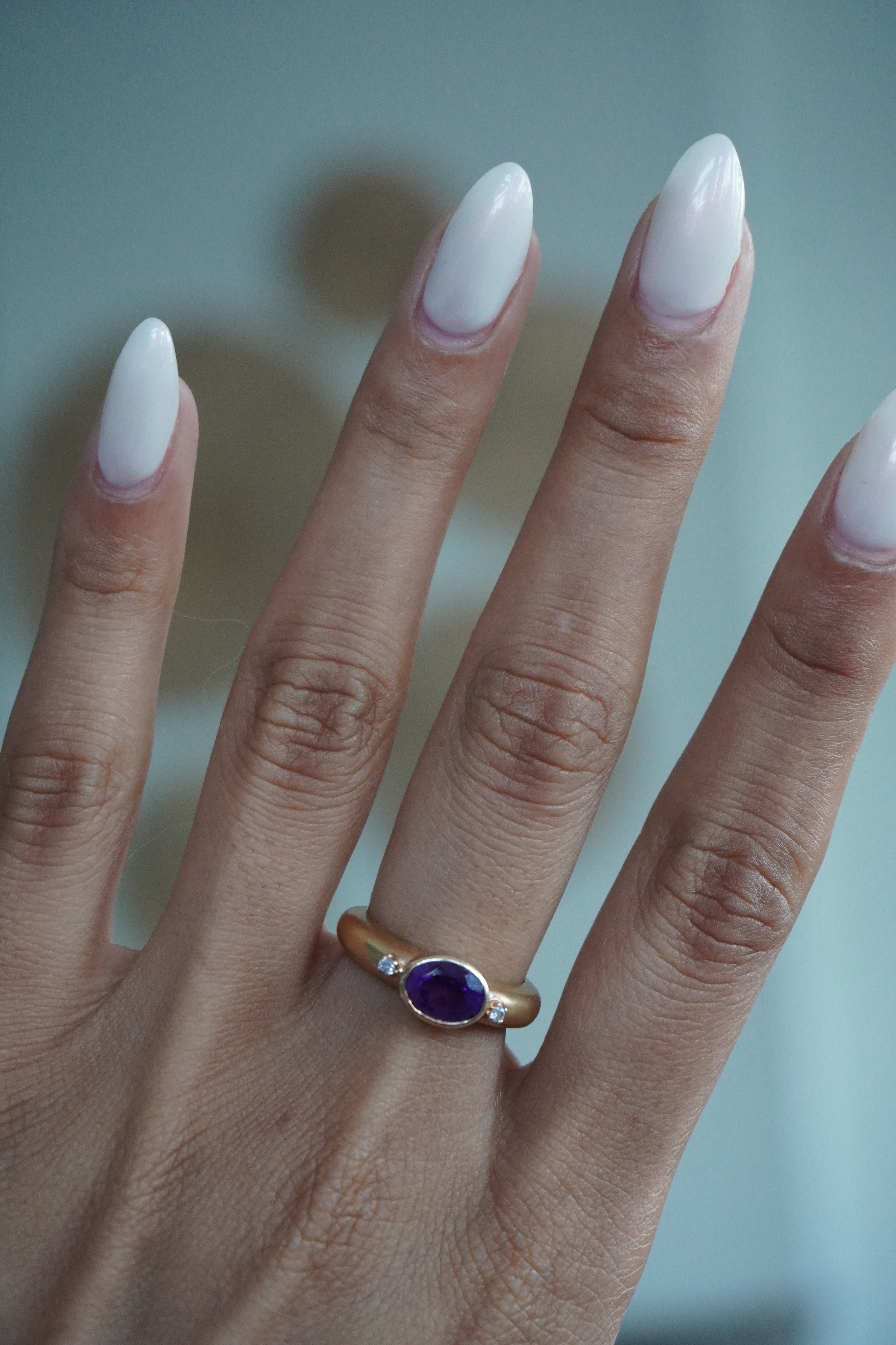 14K Yellow Gold Diamond Amethyst (~1.00 ctw) Dome Ring with Matte Finish Sz 6.25 (4.8 grams)