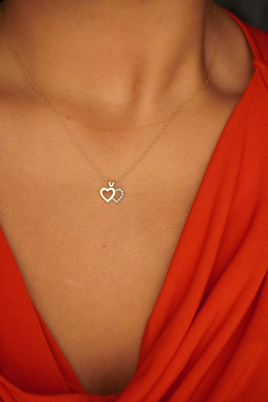 14K Yellow Gold Double Heart Diamond Pendant