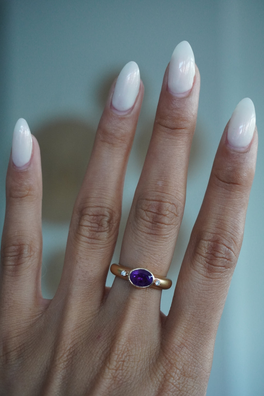 14K Yellow Gold Diamond Amethyst (~1.00 ctw) Dome Ring with Matte Finish Sz 6.25 (4.8 grams)