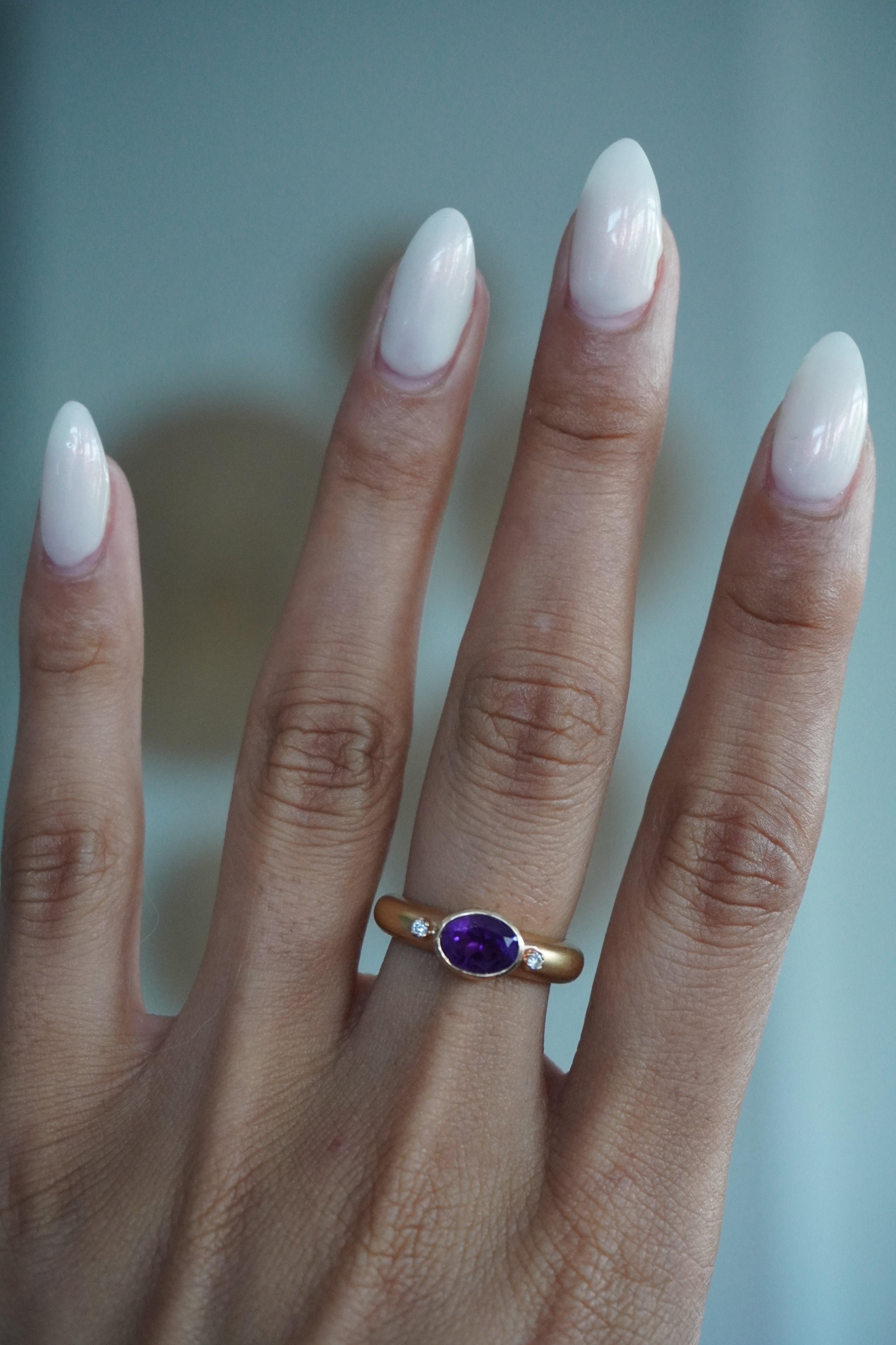 14K Yellow Gold Diamond Amethyst (~1.00 ctw) Dome Ring with Matte Finish Sz 6.25 (4.8 grams)