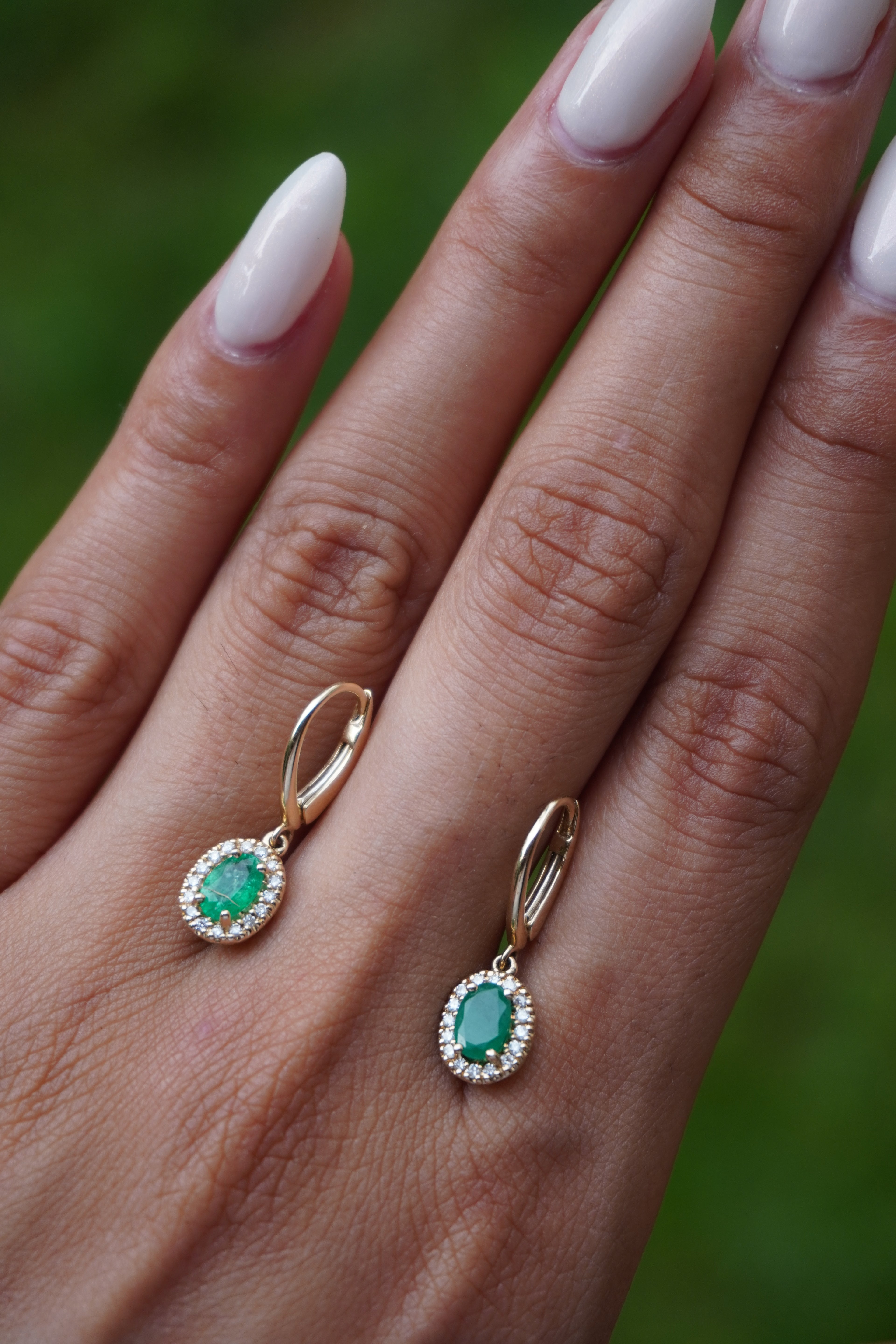 14K Yellow Gold Emerald (0.80 ctw) Diamond (0.24 ctw) Lever Back Earrings .55”