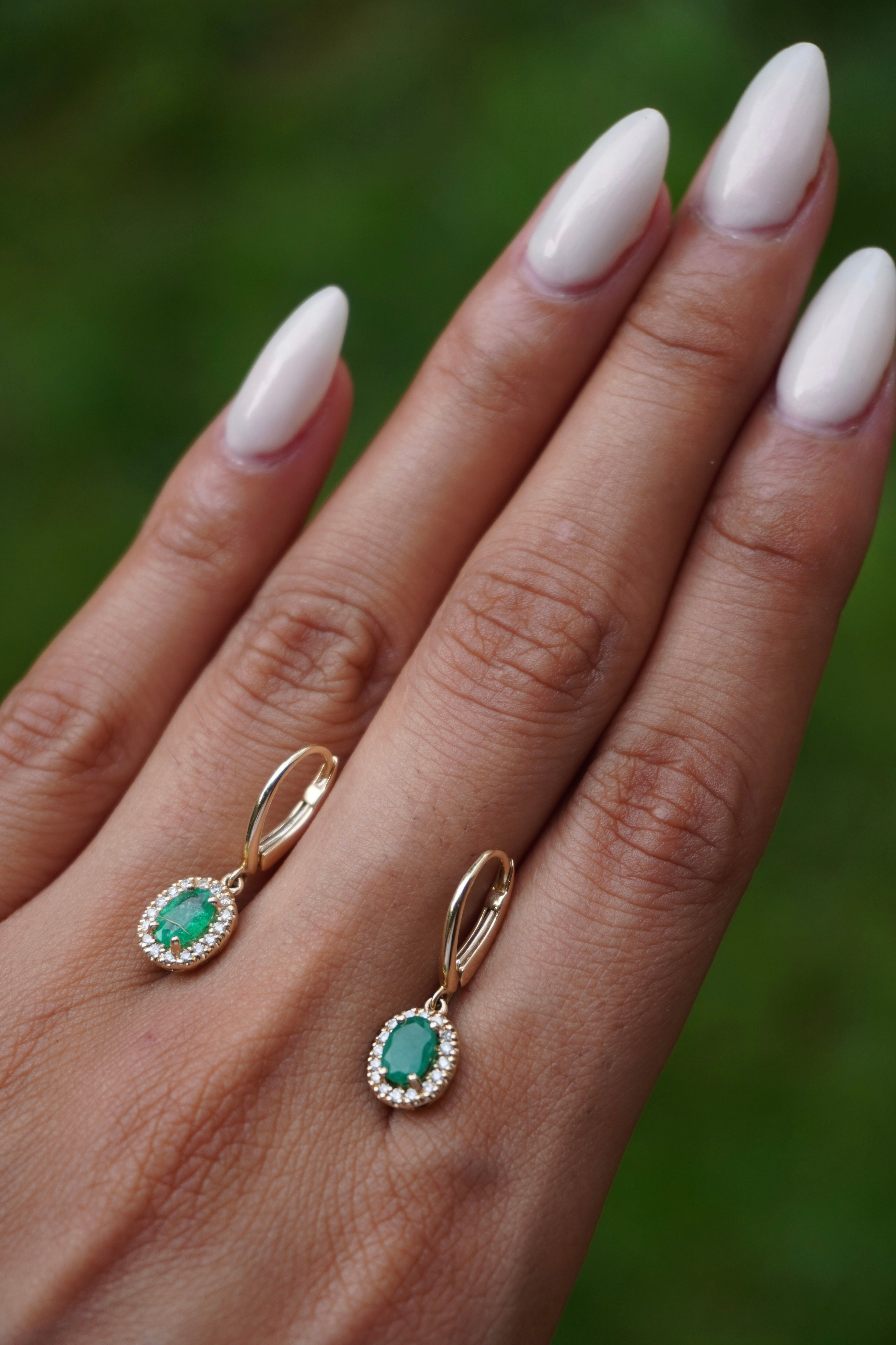 14K Yellow Gold Emerald (0.80 ctw) Diamond (0.24 ctw) Lever Back Earrings .55”