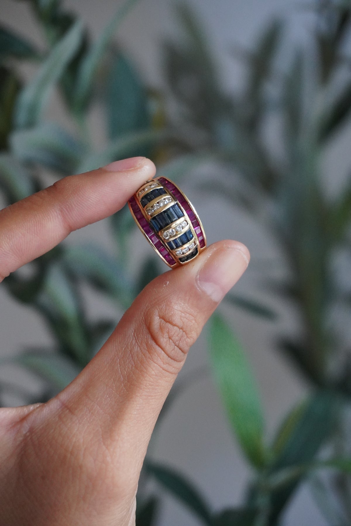 14K Yellow Gold Ruby Sapphire Diamond Ring Sz 7 (7 g)