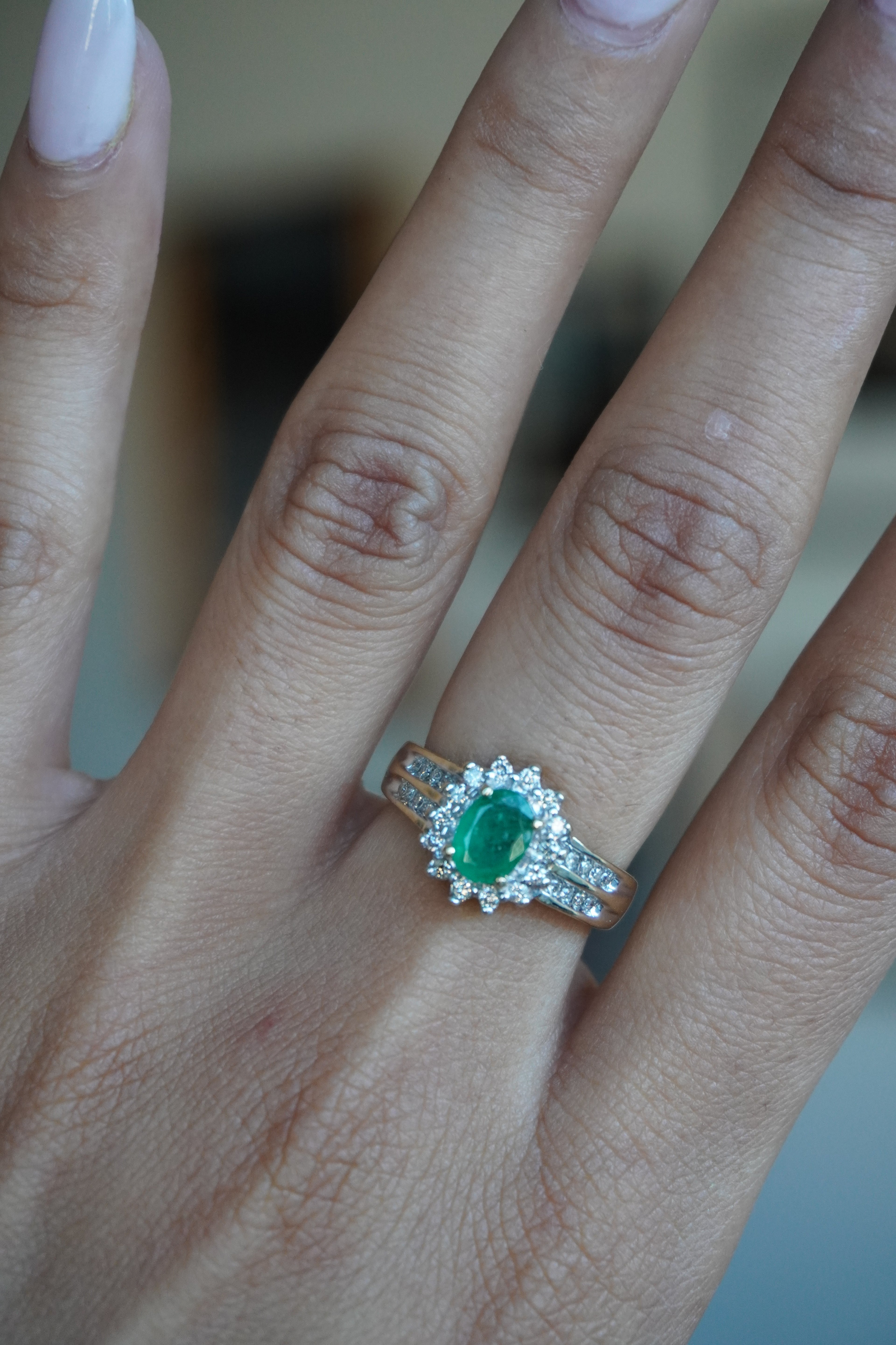 14K Yellow Gold Oval Emerald (.64 ct) Diamond (.30 cttw, I) Sz 6.5