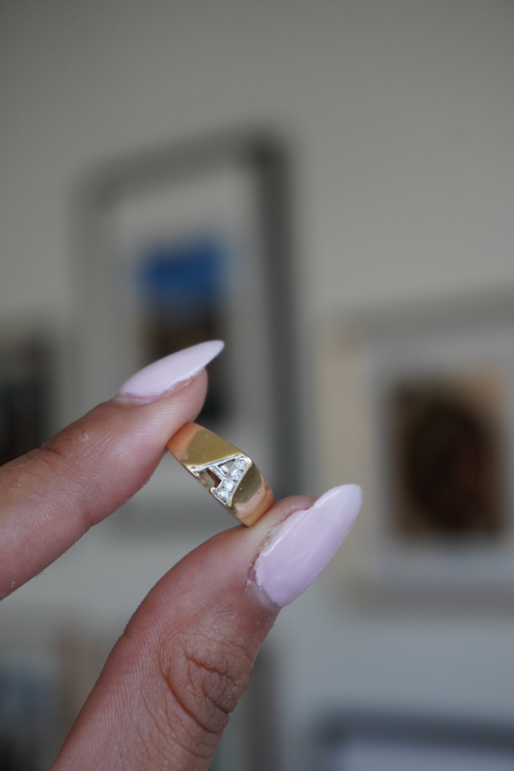 14K Yellow Gold Initial 'A' Diamond Ring Sz 3.25