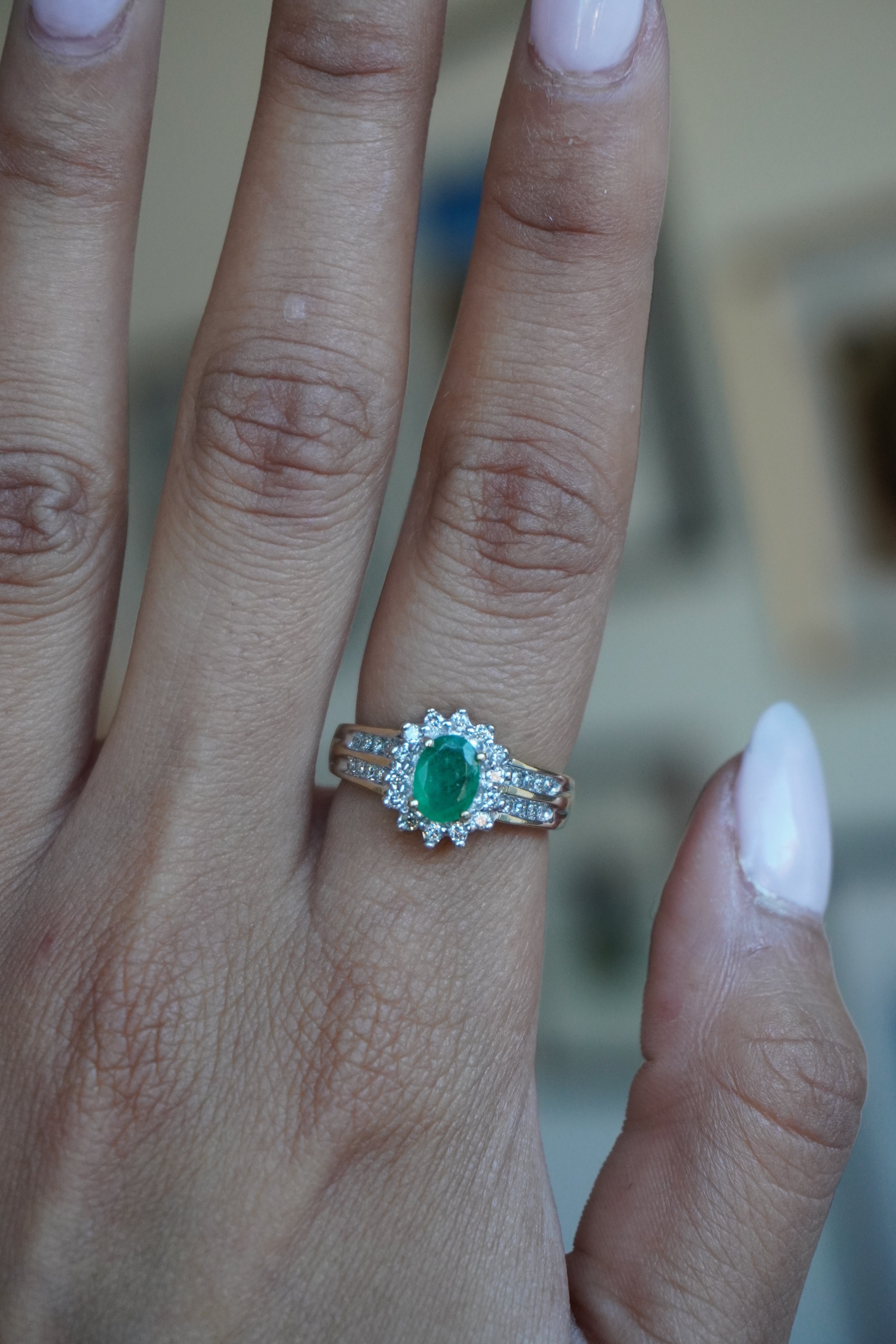 14K Yellow Gold Oval Emerald (.64 ct) Diamond (.30 cttw, I) Sz 6.5