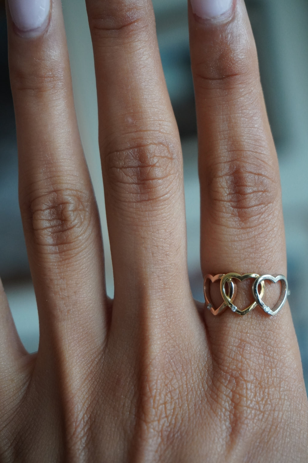 14K Tricolor Diamond Heart Ring Sz 5.25