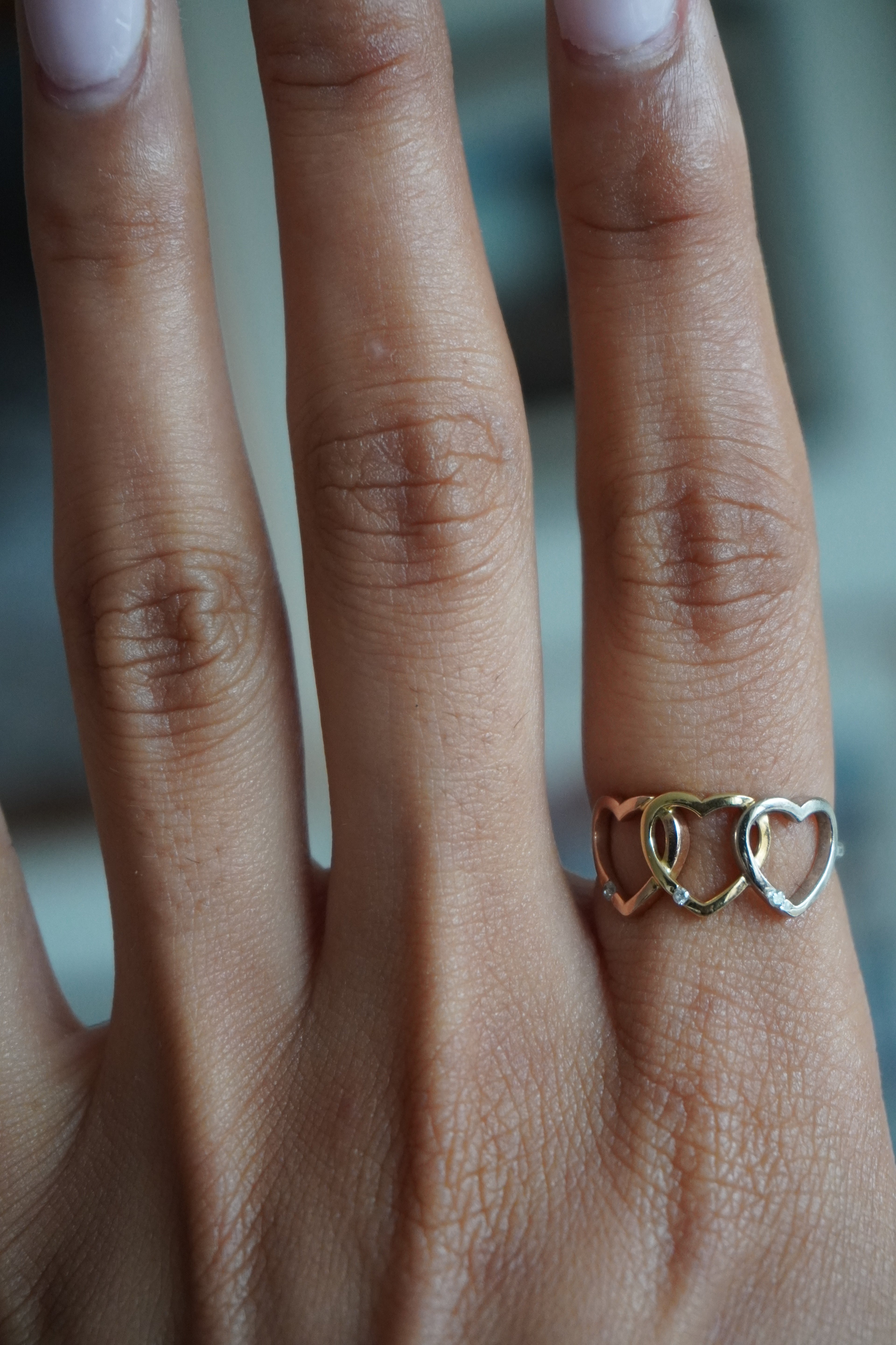 14K Tricolor Diamond Heart Ring Sz 5.25