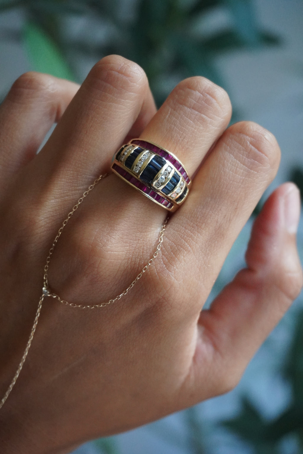 14K Yellow Gold Ruby Sapphire Diamond Ring Sz 7 (7 g)