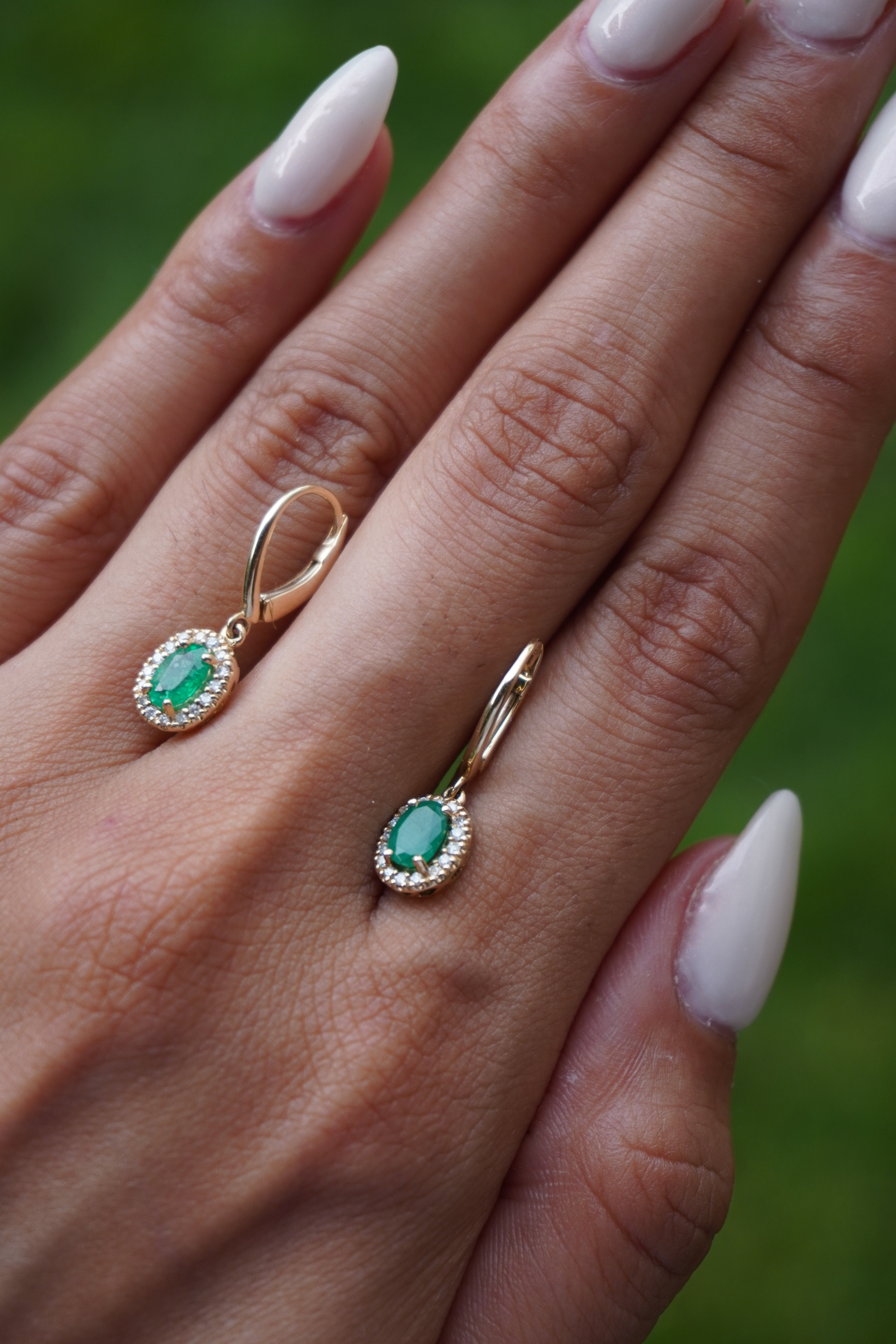 14K Yellow Gold Emerald (0.80 ctw) Diamond (0.24 ctw) Lever Back Earrings .55”