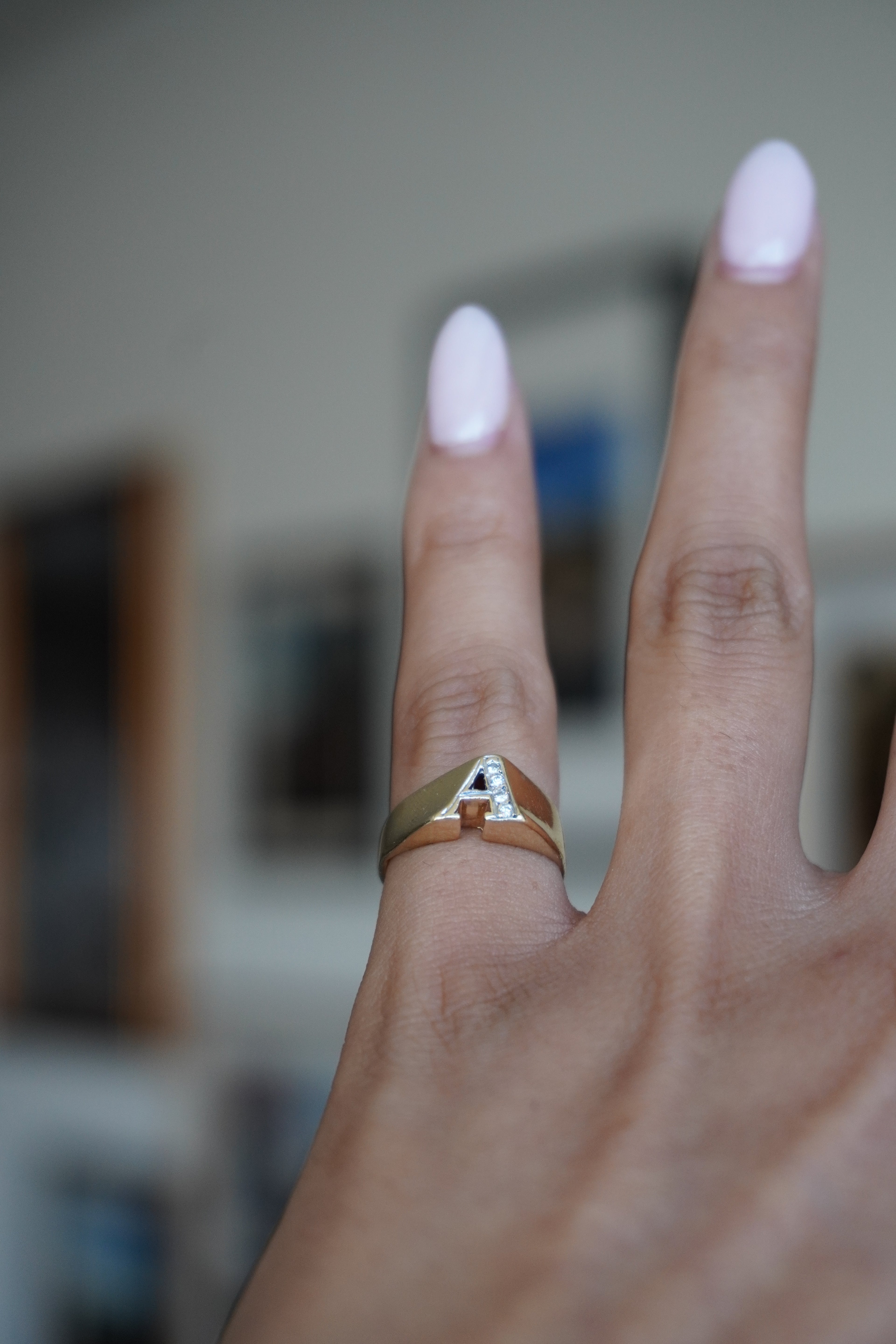 14K Yellow Gold Initial 'A' Diamond Ring Sz 3.25