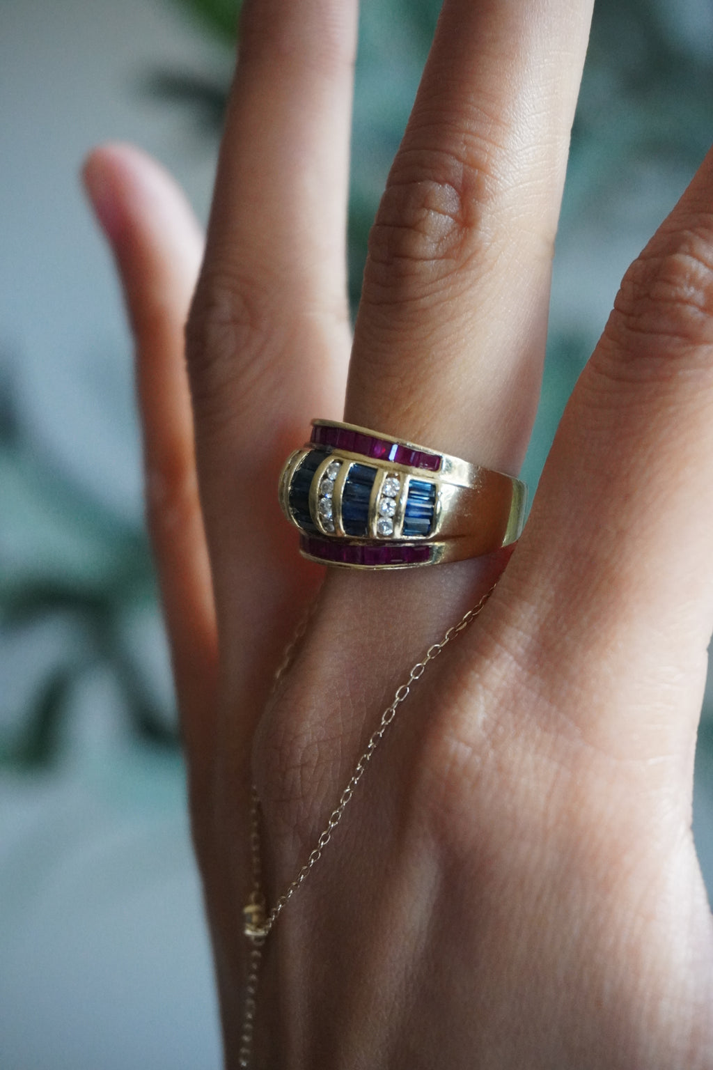 14K Yellow Gold Ruby Sapphire Diamond Ring Sz 7 (7 g)