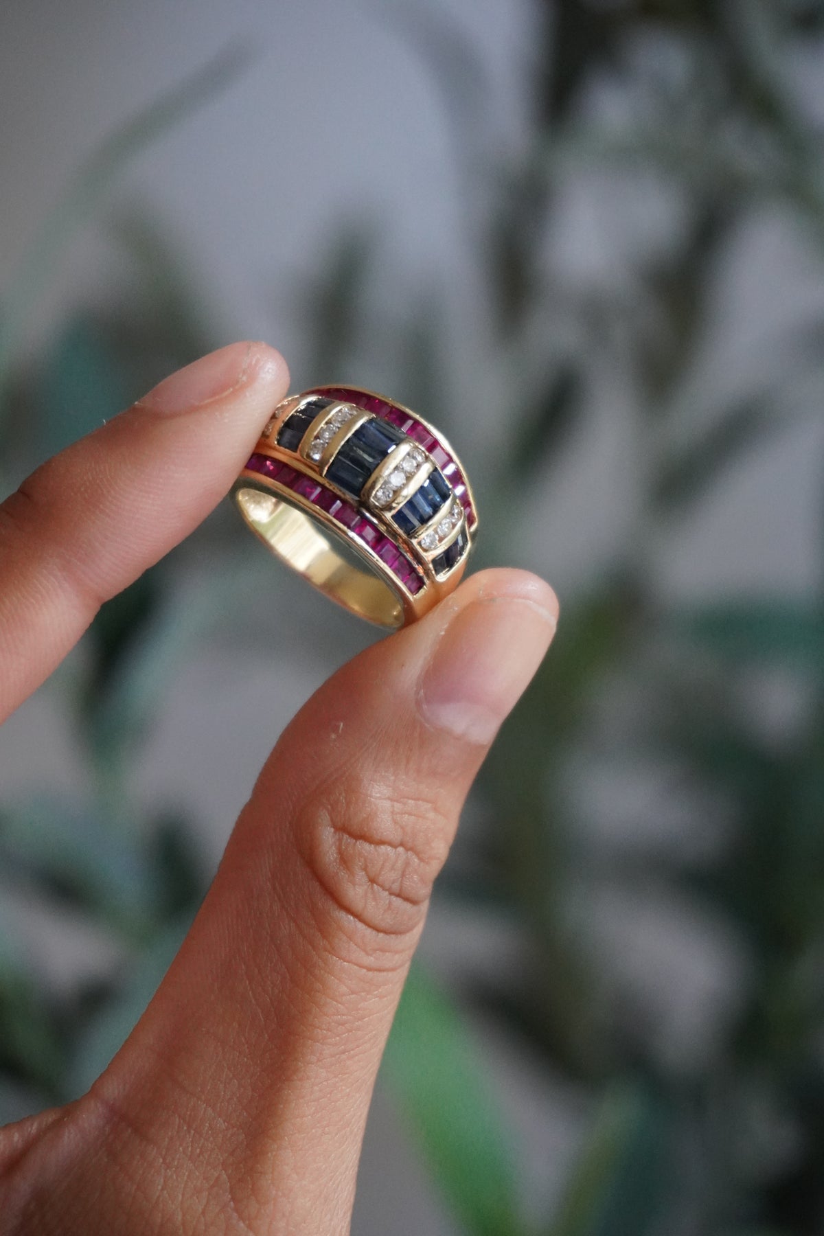 14K Yellow Gold Ruby Sapphire Diamond Ring Sz 7 (7 g)
