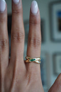 14K Yellow Gold Emerald Diamond Crossover Ring Sz 6