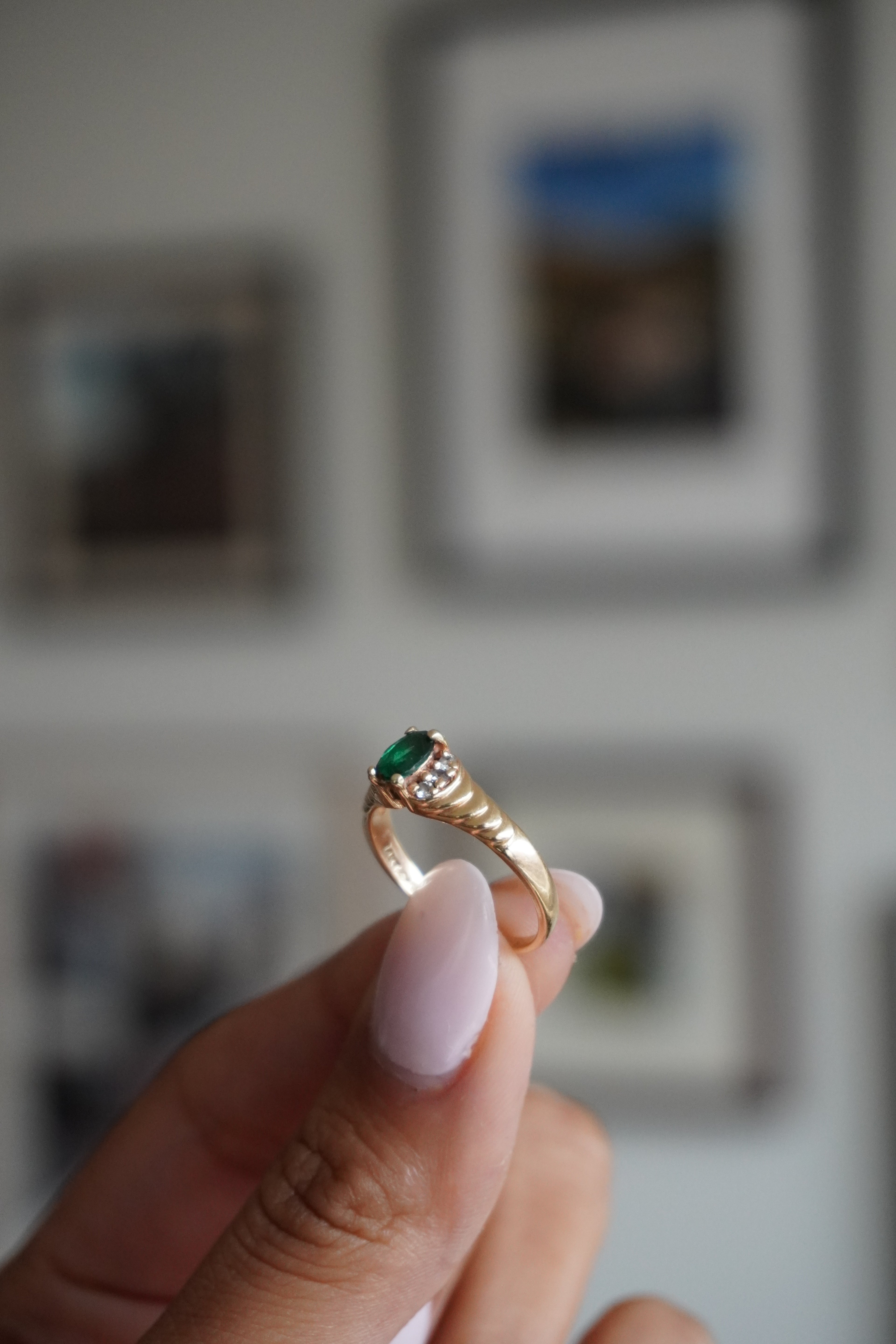 14K Yellow Gold Emerald and Diamond Ring Sz 6.5