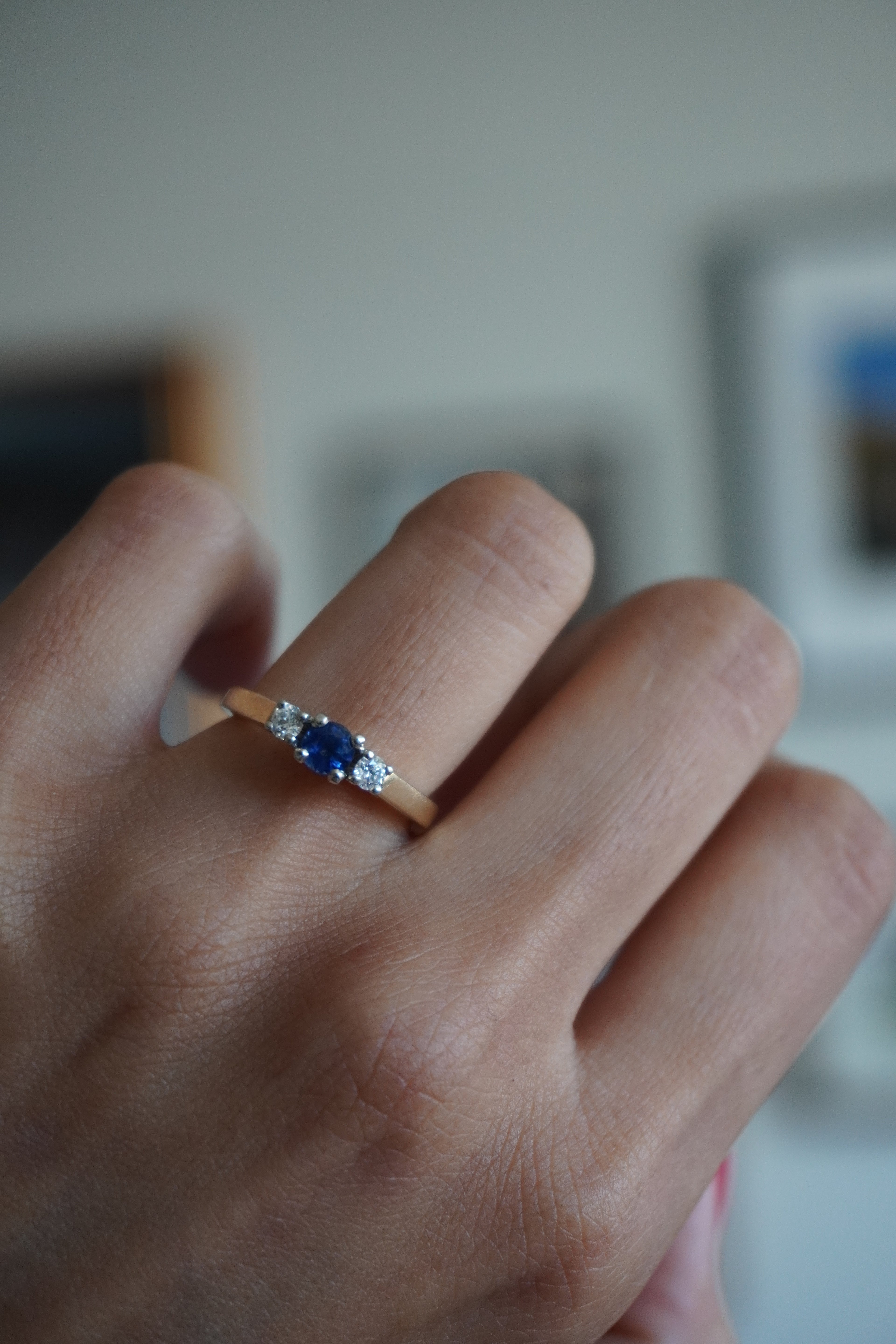 14K Yellow Gold Diamond Sapphire Ring Sz 6.25