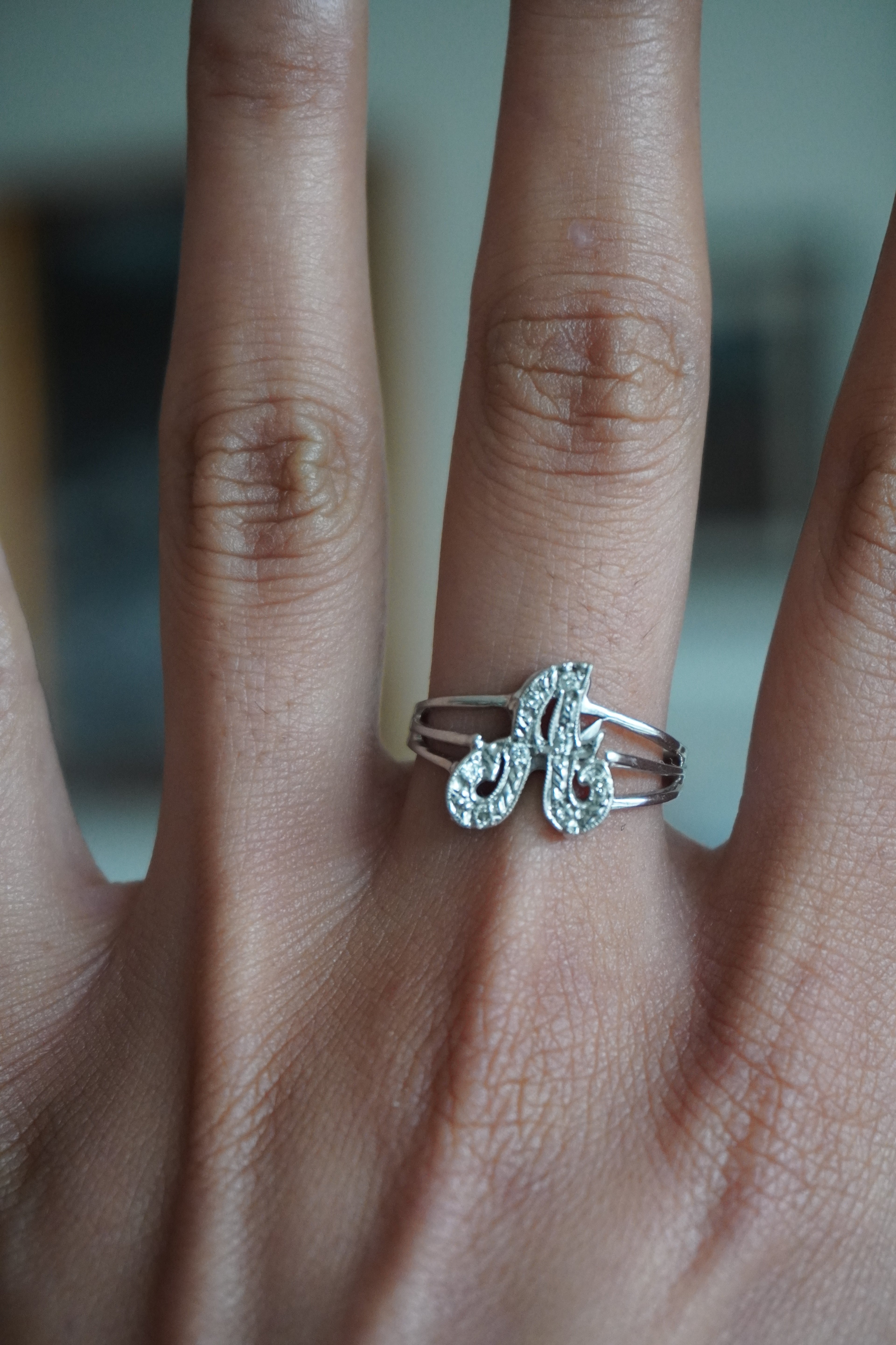 14K White Gold Diamond "A" Initial Ring Sz 8