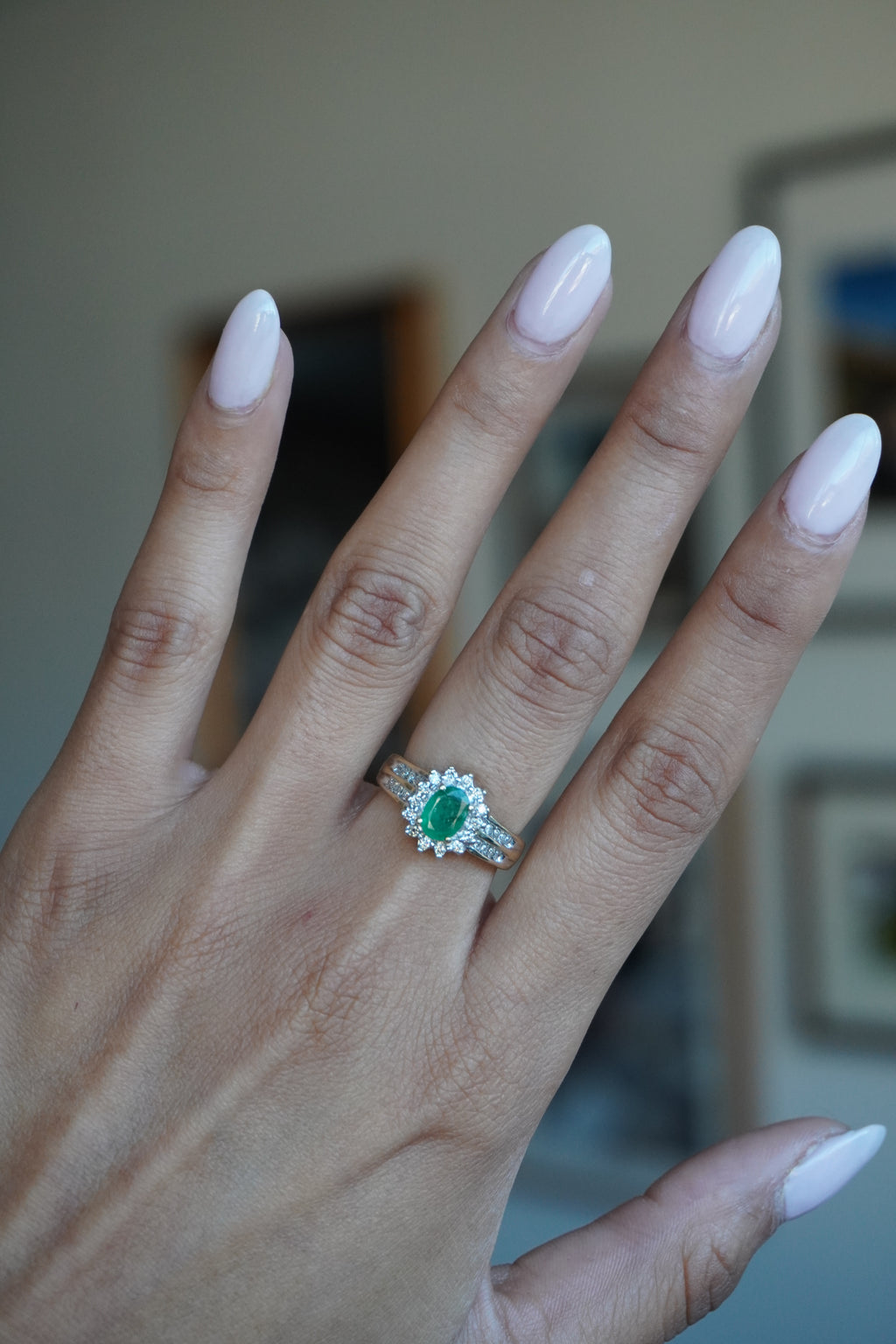 14K Yellow Gold Oval Emerald (.64 ct) Diamond (.30 cttw, I) Sz 6.5