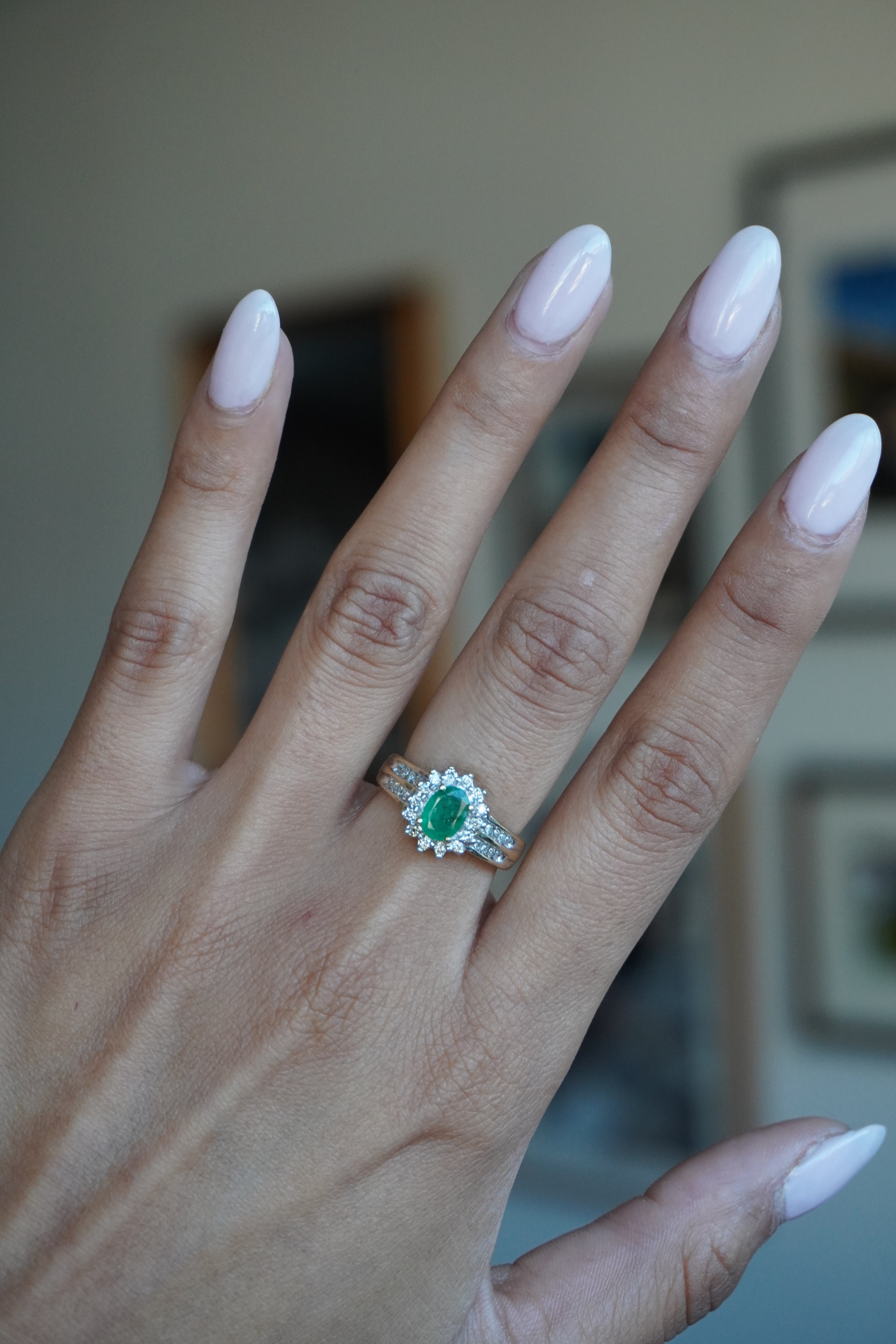 14K Yellow Gold Oval Emerald (.64 ct) Diamond (.30 cttw, I) Sz 6.5