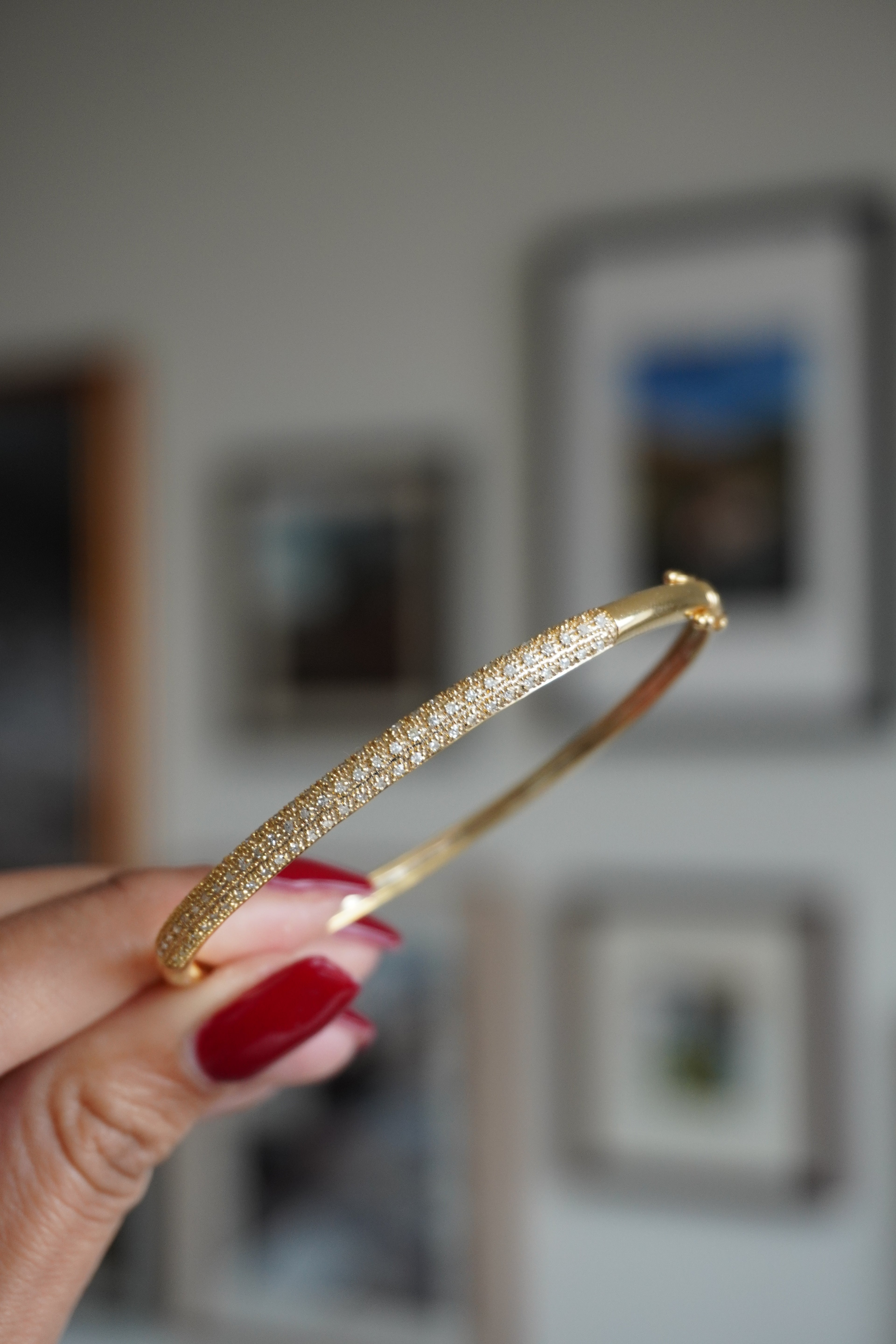 14K Yellow Gold Diamond (~1.00 ctw) Oval Bangle 2.5" Wide x 2 1/8” High