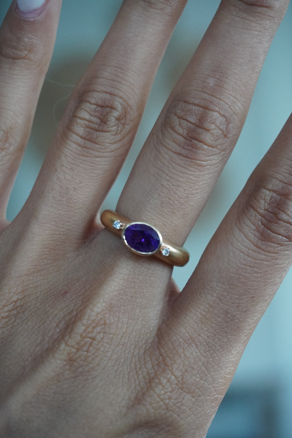 14K Yellow Gold Diamond Amethyst (~1.00 ctw) Dome Ring with Matte Finish Sz 6.25 (4.8 grams)