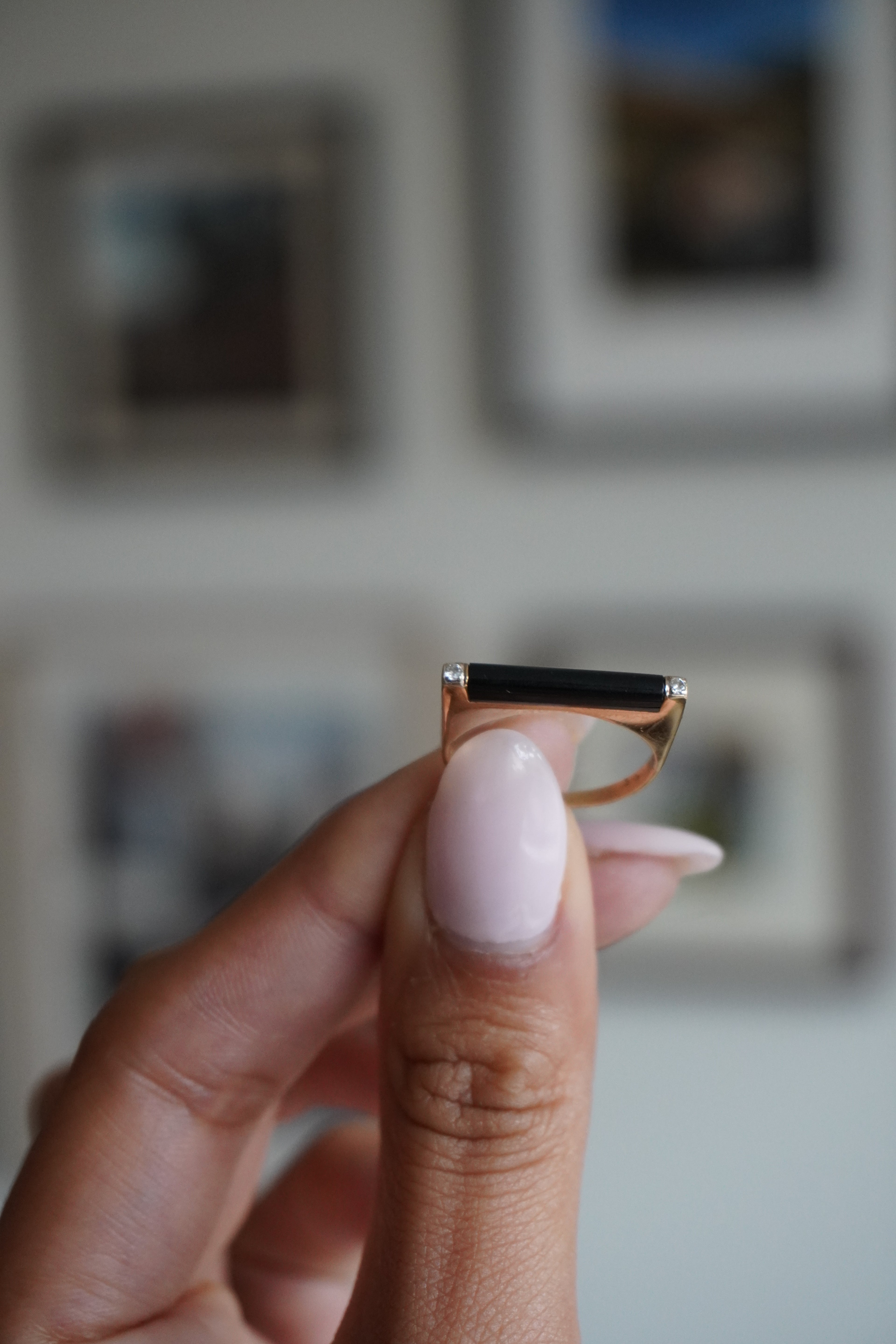 14K Yellow Gold Onyx Diamond Ring Sz 6.5