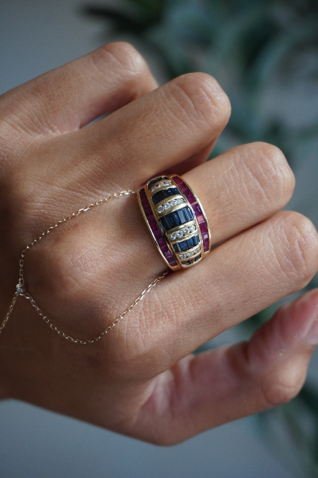 14K Yellow Gold Ruby Sapphire Diamond Ring Sz 7 (7 g)