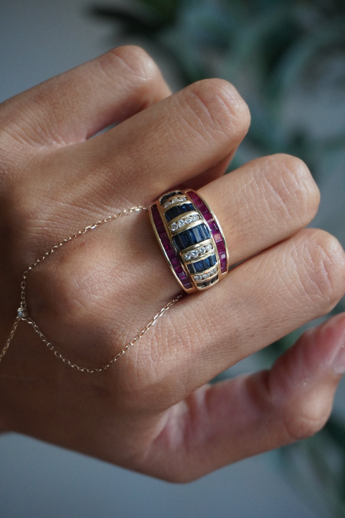 14K Yellow Gold Ruby Sapphire Diamond Ring Sz 7 (7 g)