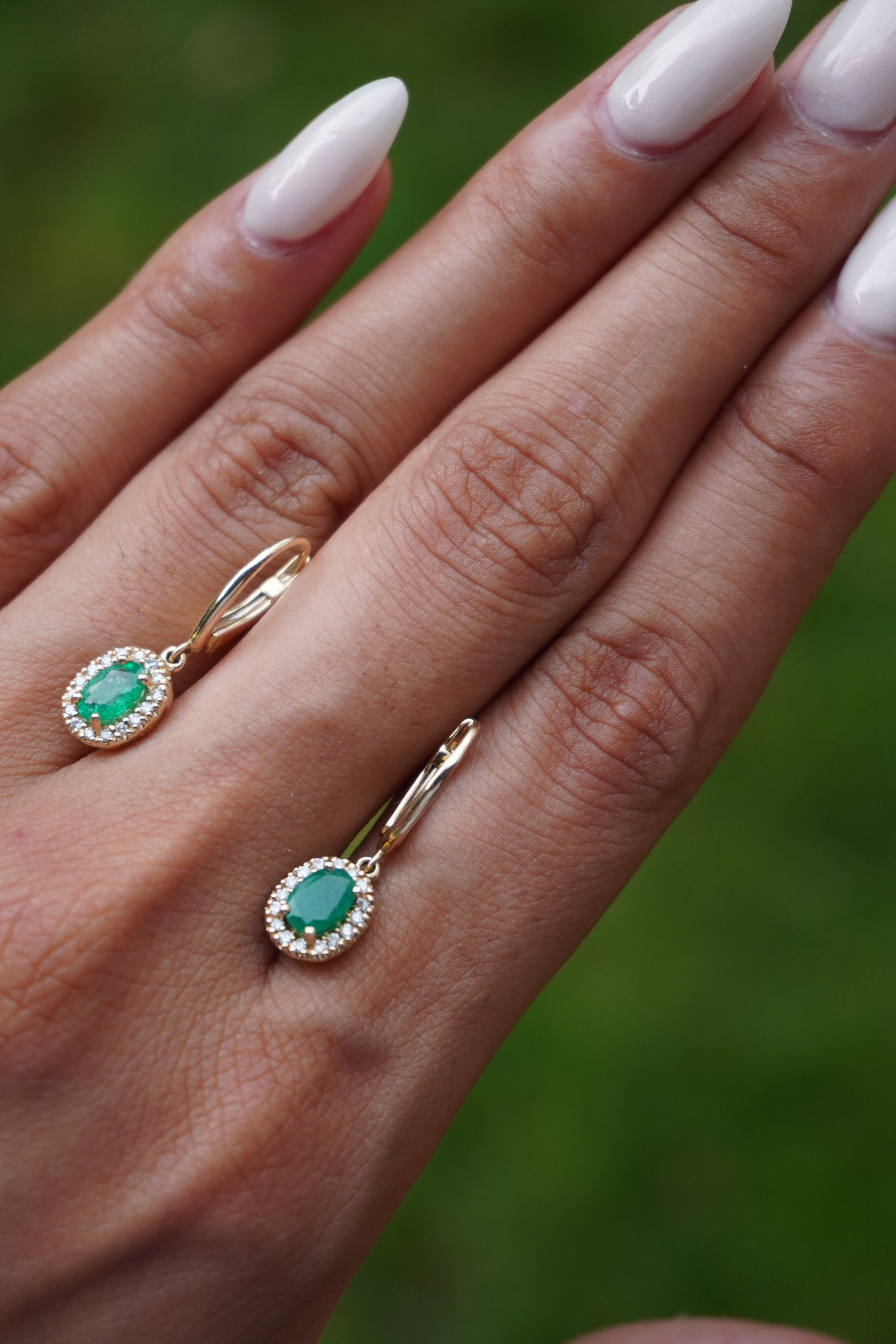 14K Yellow Gold Emerald (0.80 ctw) Diamond (0.24 ctw) Lever Back Earrings .55”