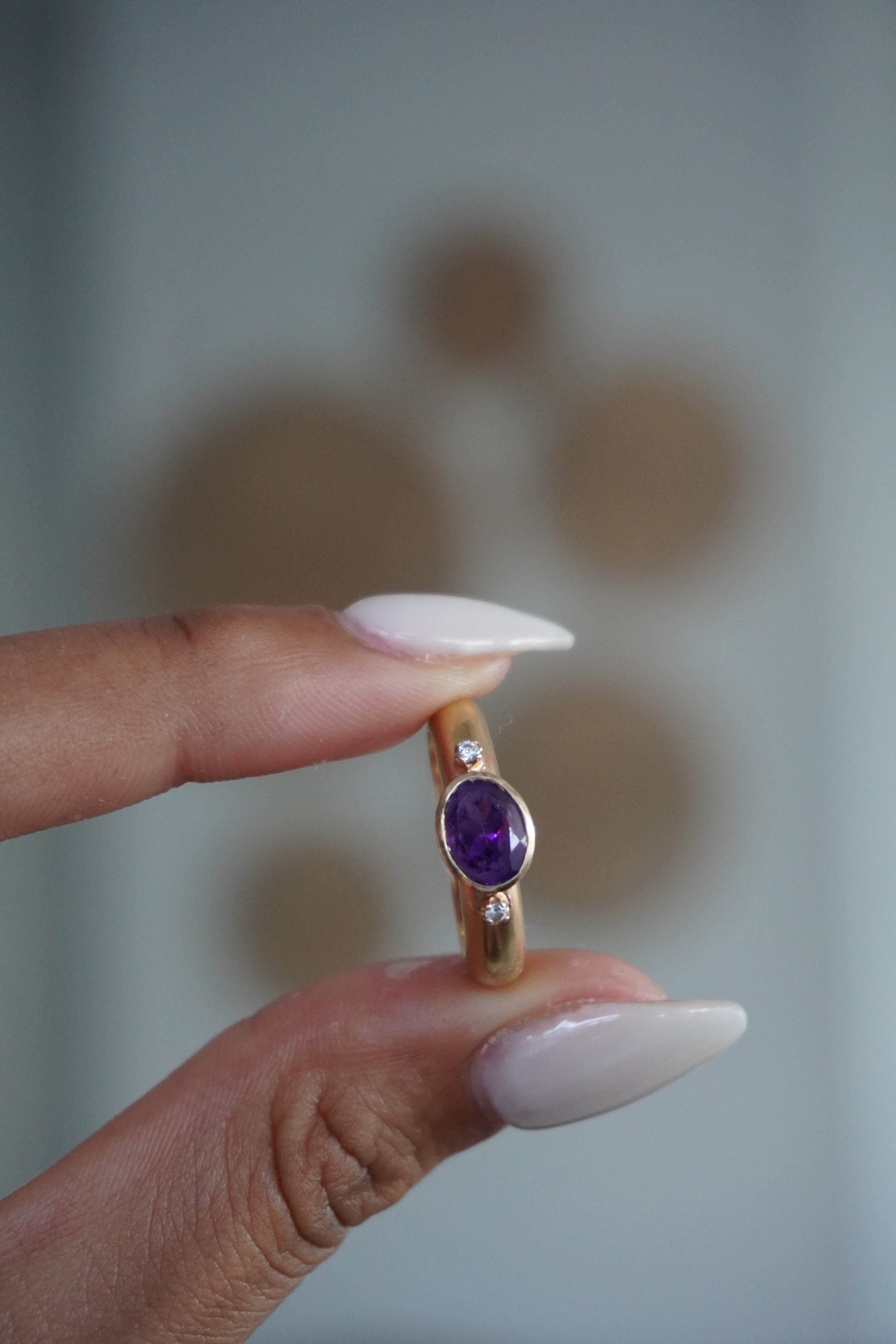 14K Yellow Gold Diamond Amethyst (~1.00 ctw) Dome Ring with Matte Finish Sz 6.25 (4.8 grams)