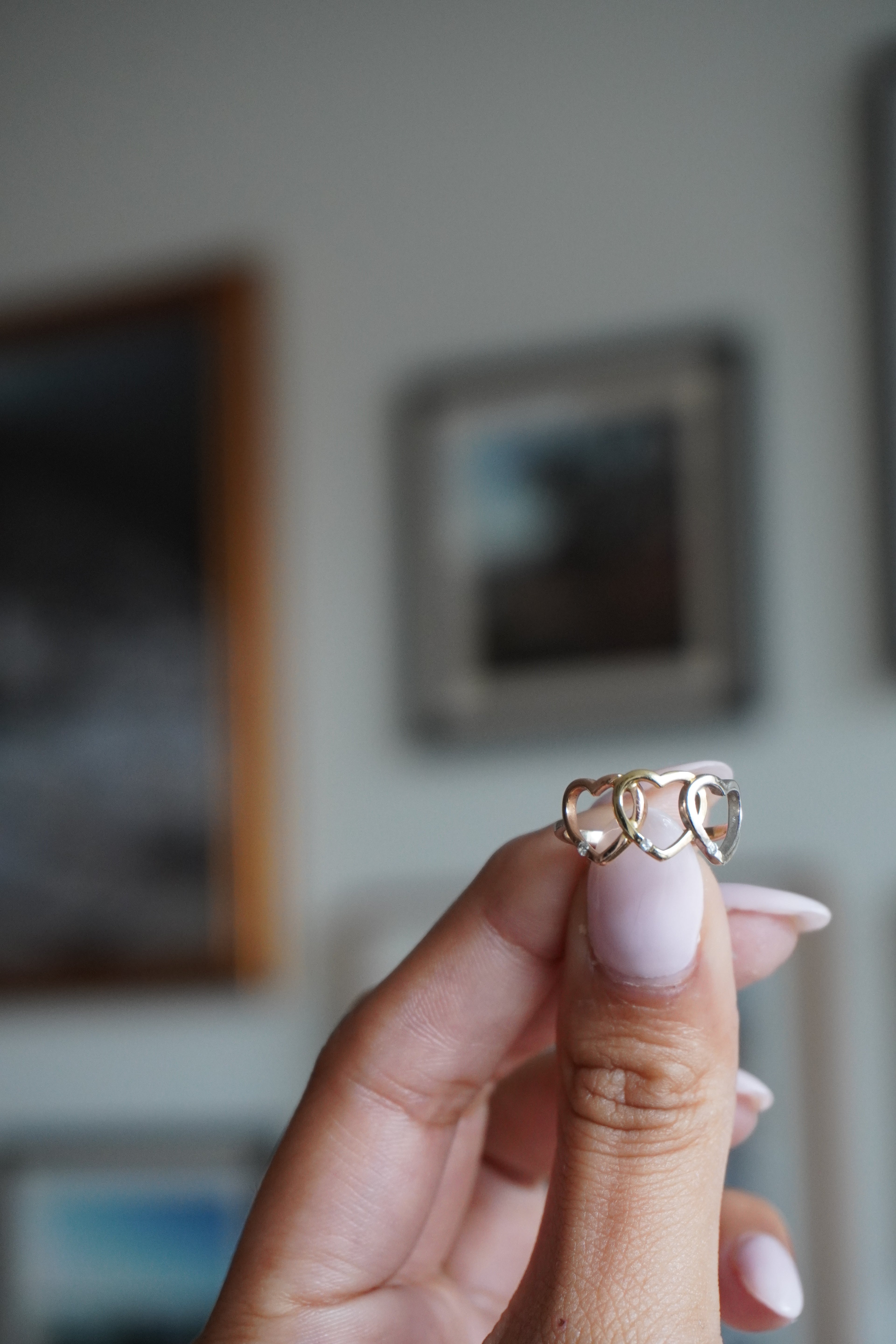14K Tricolor Diamond Heart Ring Sz 5.25