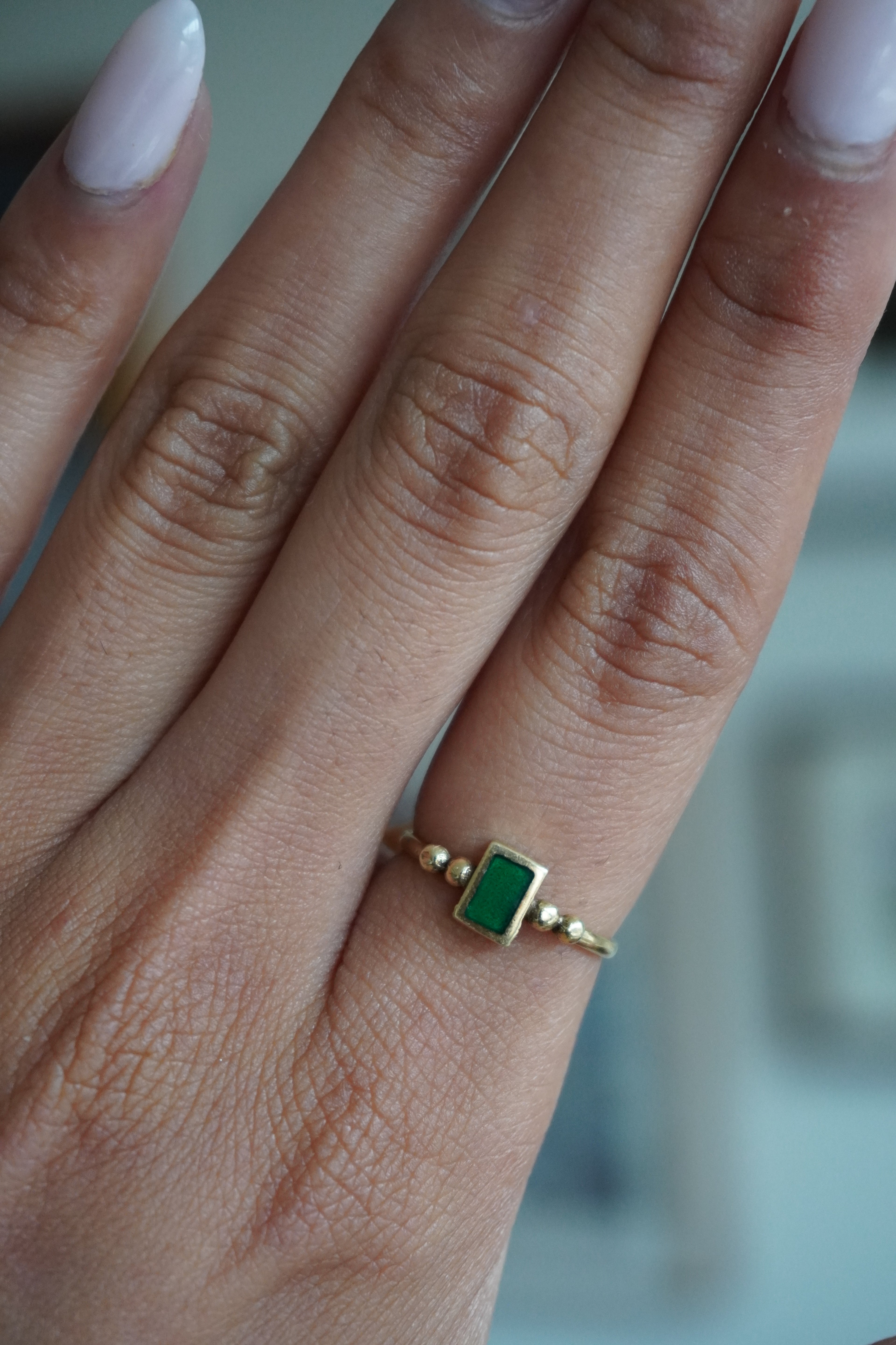 14K Yellow Gold Green Enamel Ring Sz 6