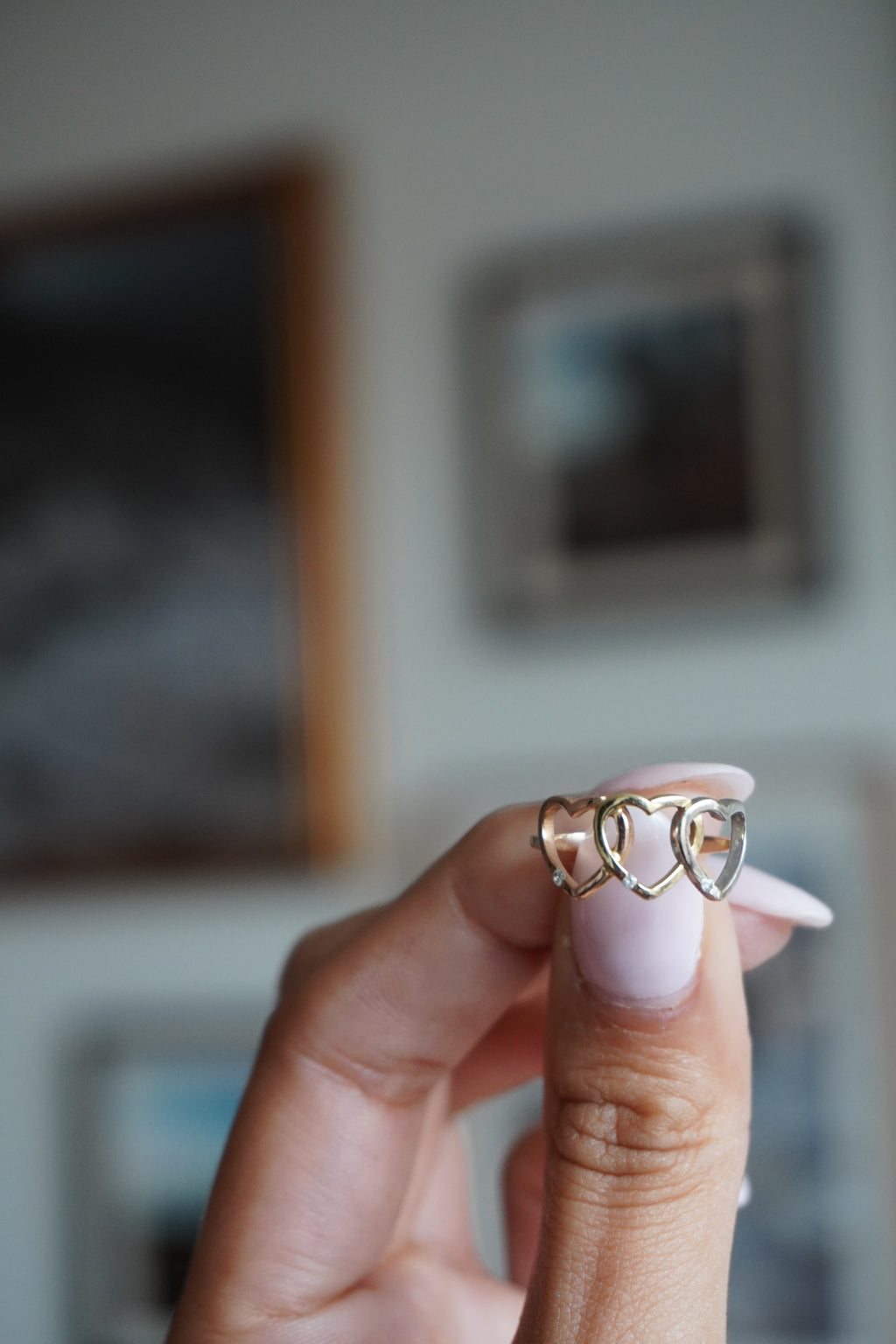 14K Tricolor Diamond Heart Ring Sz 5.25