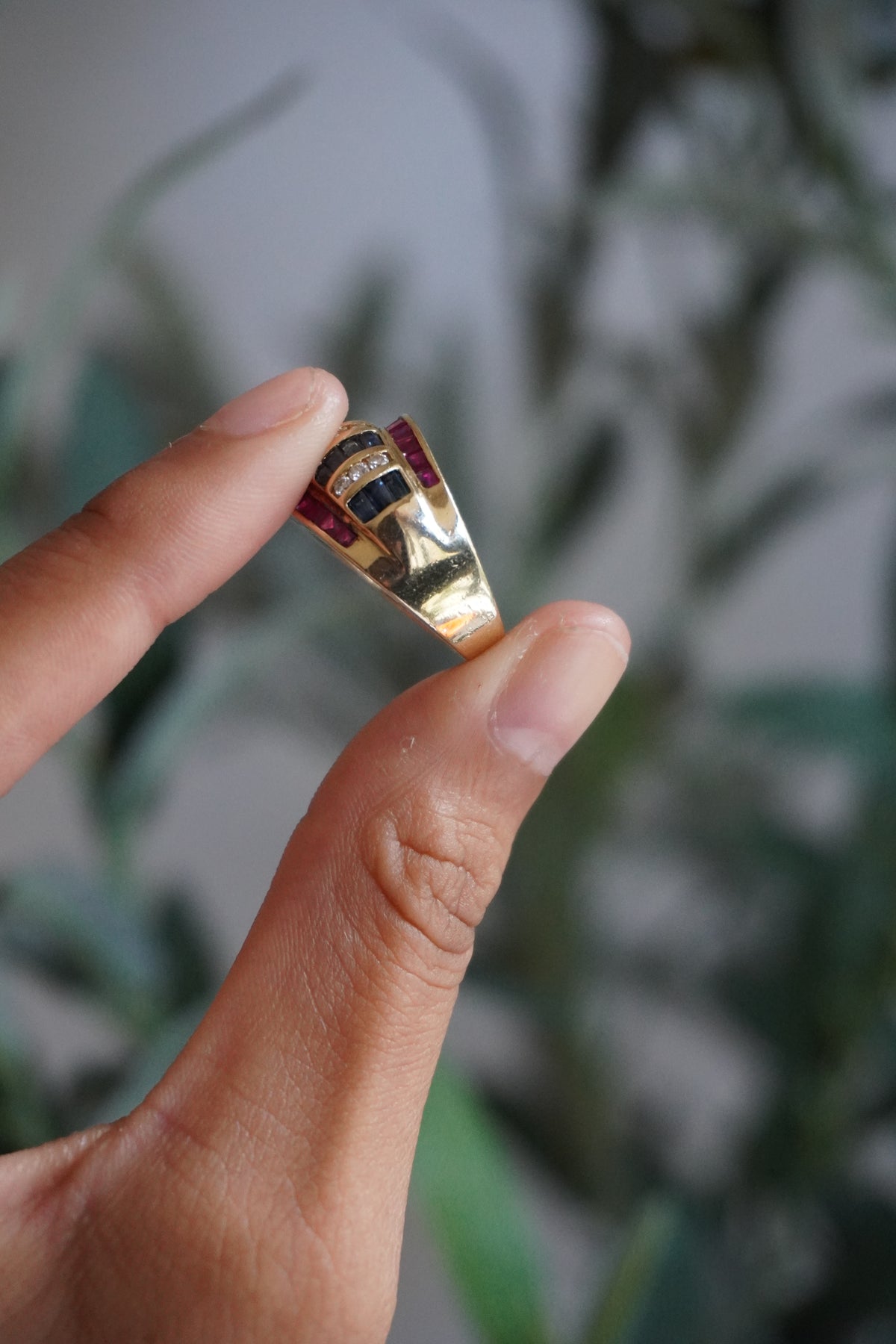 14K Yellow Gold Ruby Sapphire Diamond Ring Sz 7 (7 g)