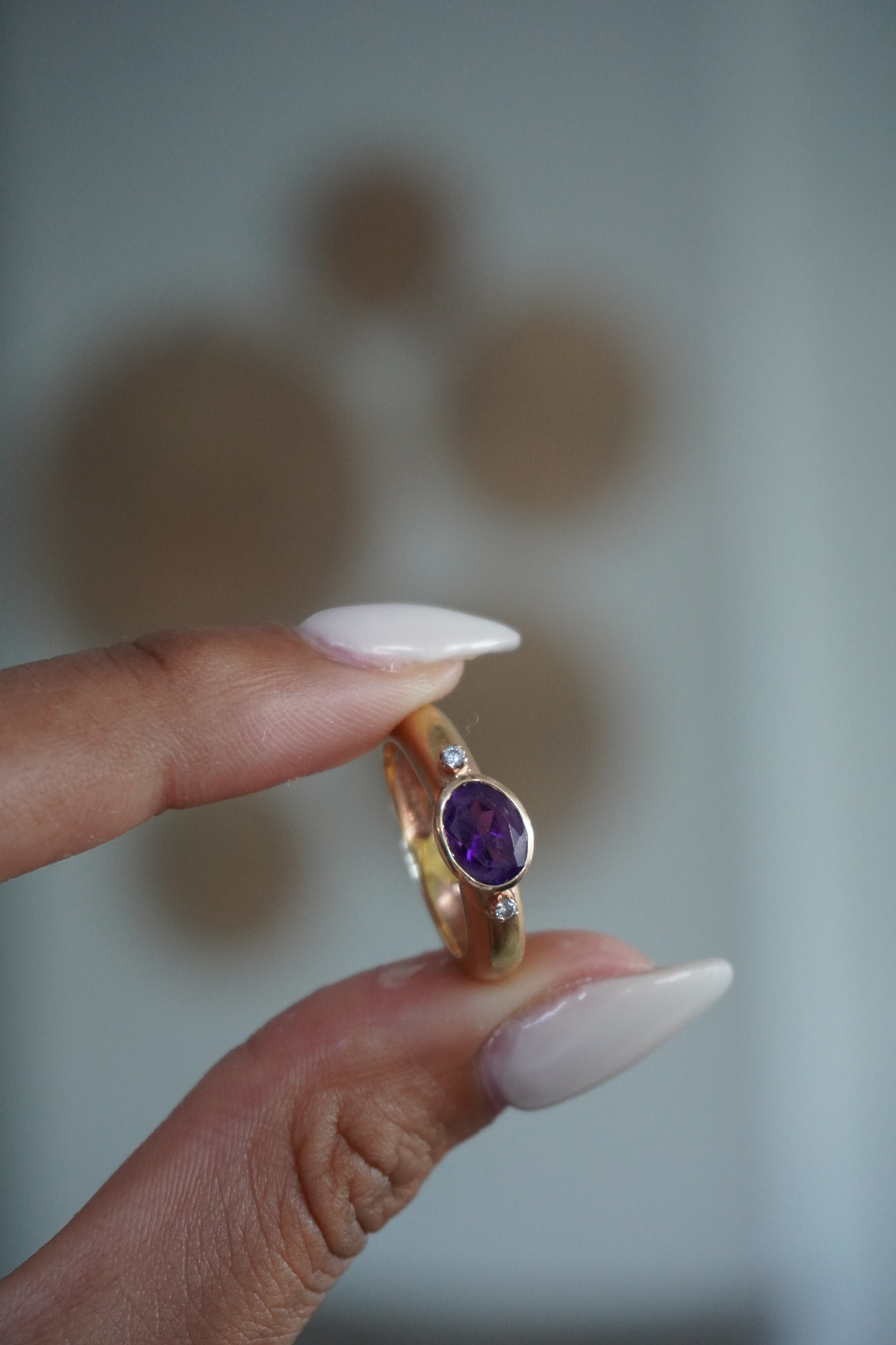 14K Yellow Gold Diamond Amethyst (~1.00 ctw) Dome Ring with Matte Finish Sz 6.25 (4.8 grams)