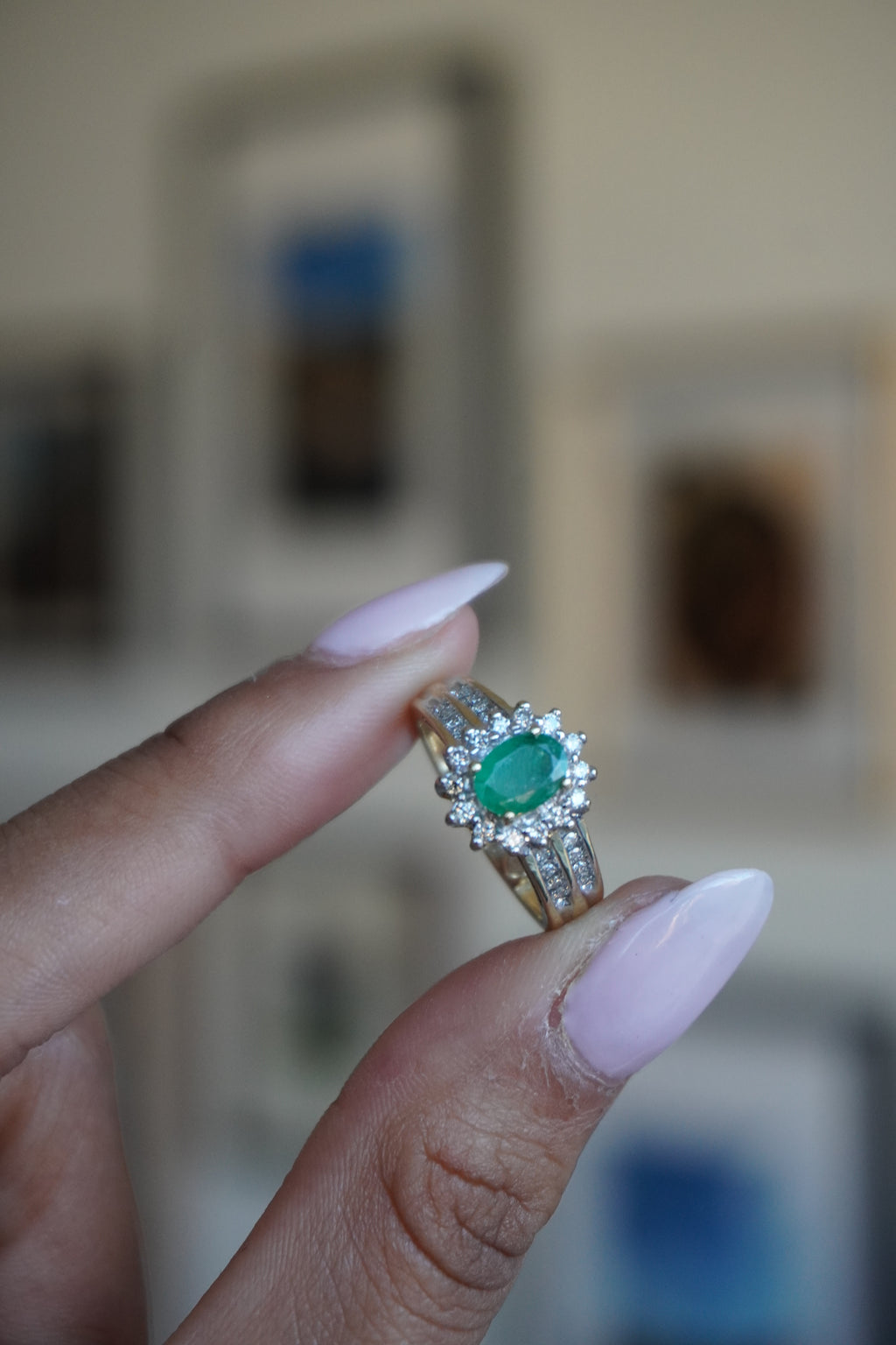 14K Yellow Gold Oval Emerald (.64 ct) Diamond (.30 cttw, I) Sz 6.5