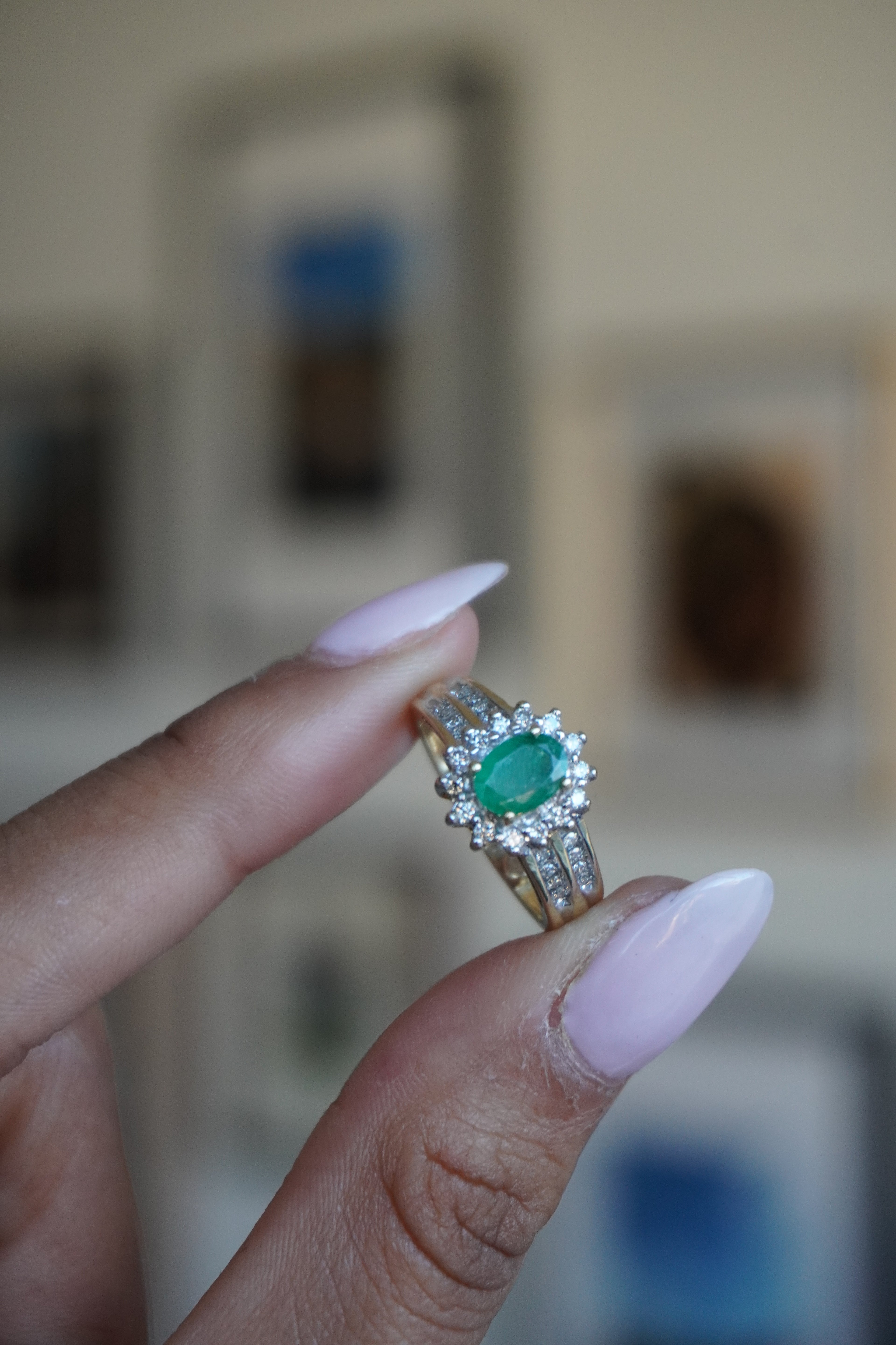 14K Yellow Gold Oval Emerald (.64 ct) Diamond (.30 cttw, I) Sz 6.5